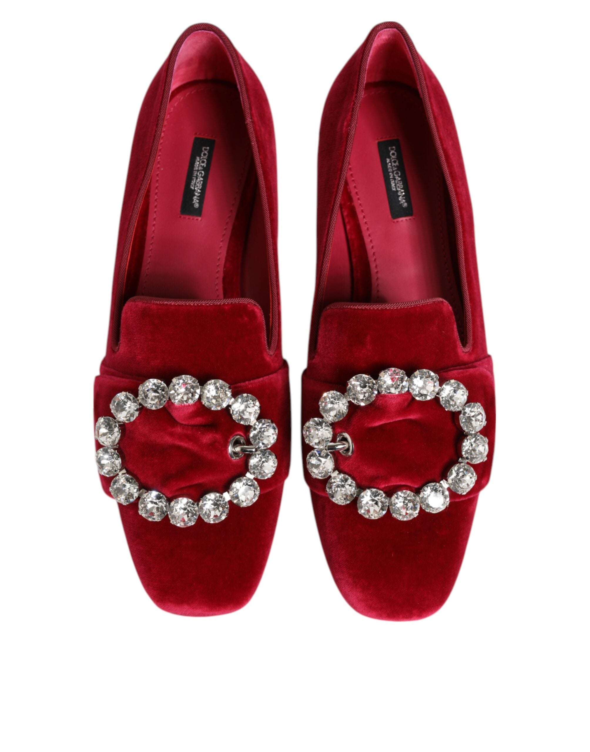 Dolce & Gabbana Red Velvet Crystal Buckle Loafers Flats Shoes-4