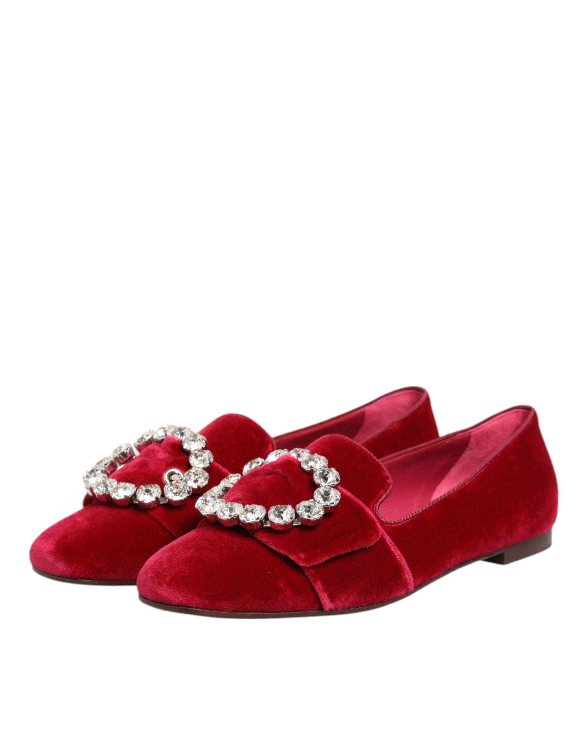 Dolce & Gabbana Red Velvet Crystal Buckle Loafers Flats Shoes-5