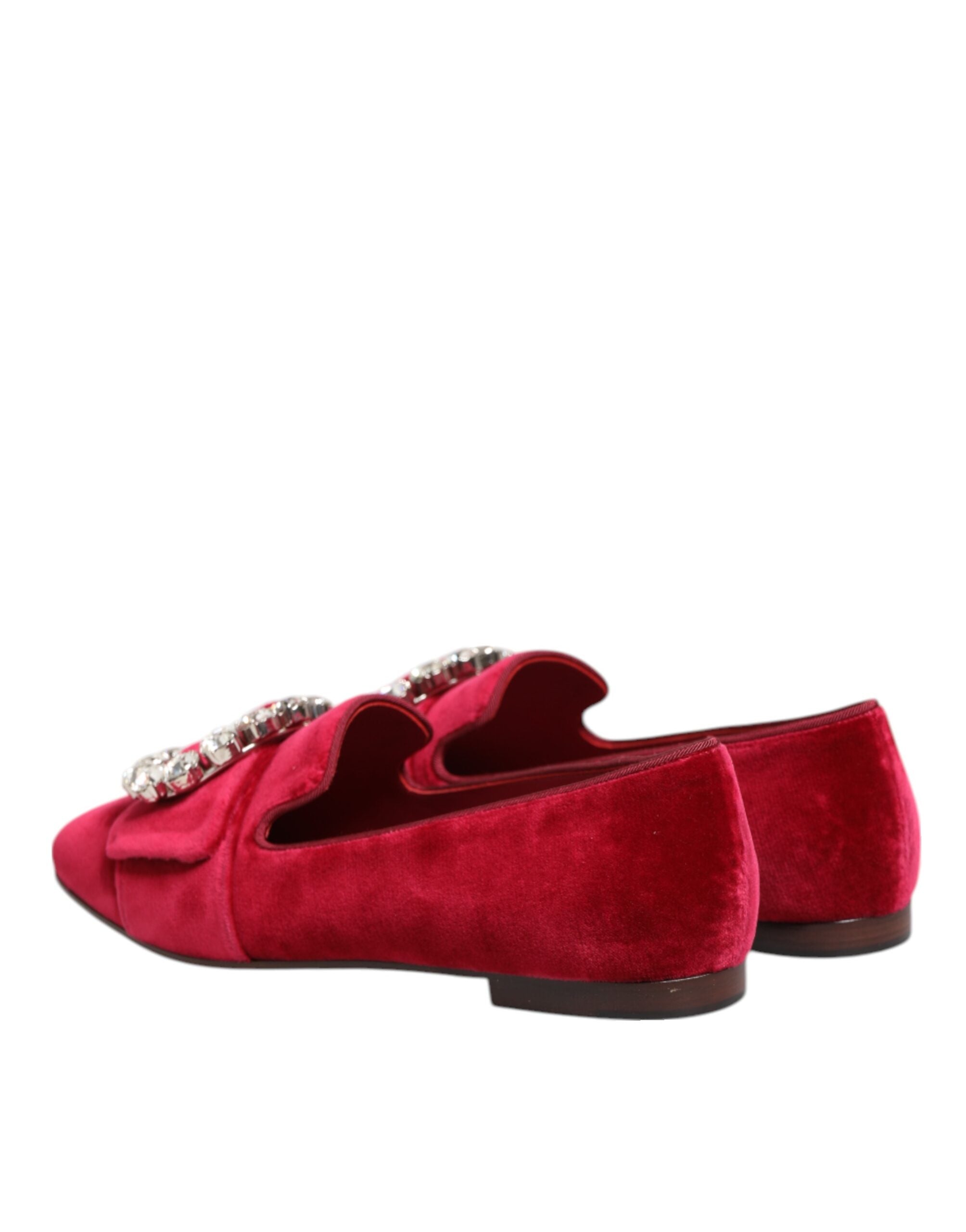 Dolce & Gabbana Red Velvet Crystal Buckle Loafers Flats Shoes-6