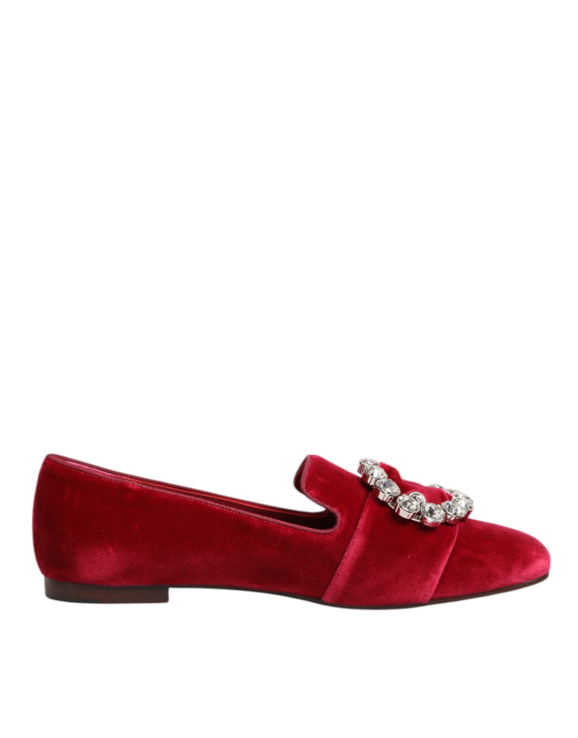 Dolce & Gabbana Red Velvet Crystal Buckle Loafers Flats Shoes-1