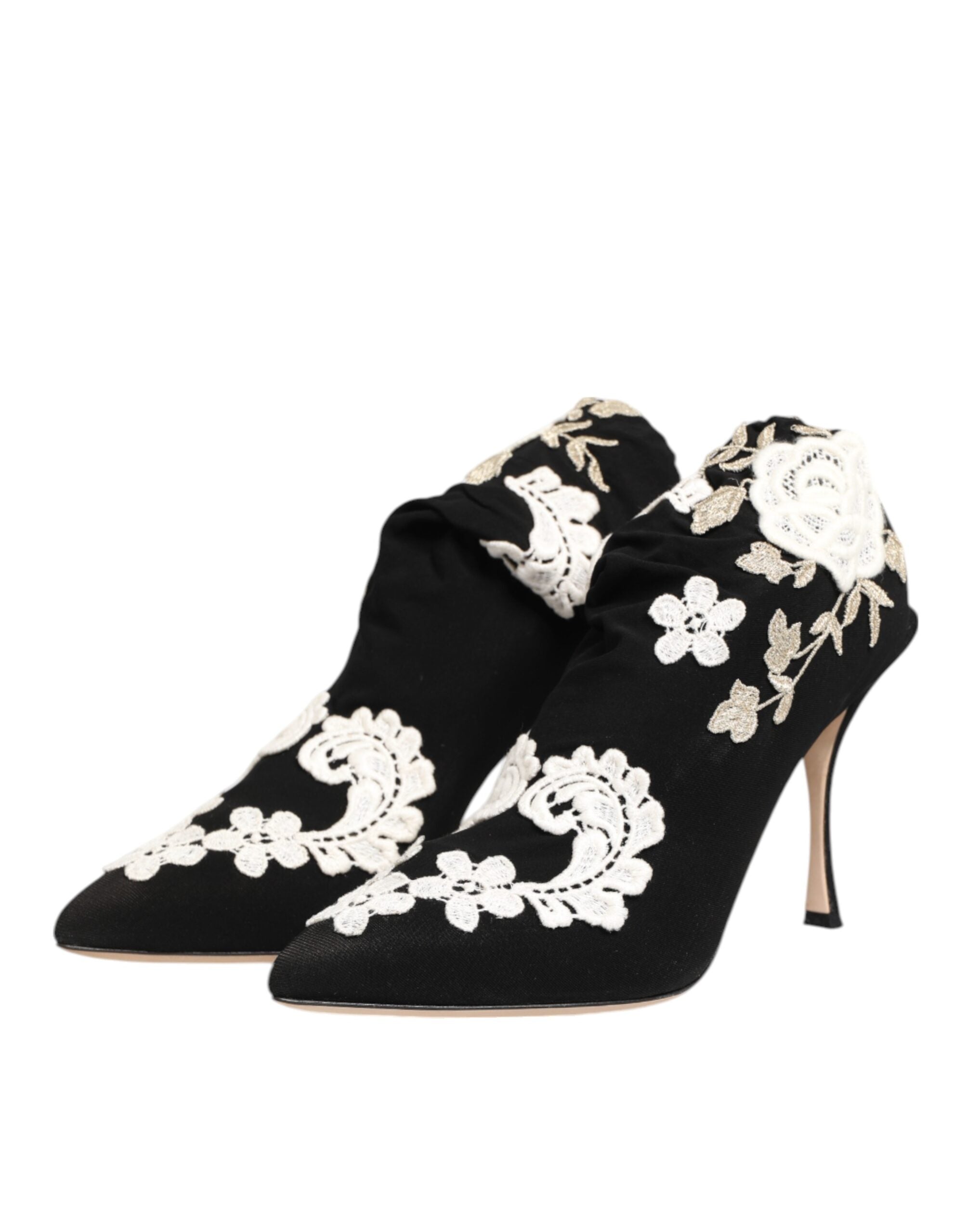 Dolce & Gabbana Black and White Embroidered Jersey Stiletto Boots Shoes-3