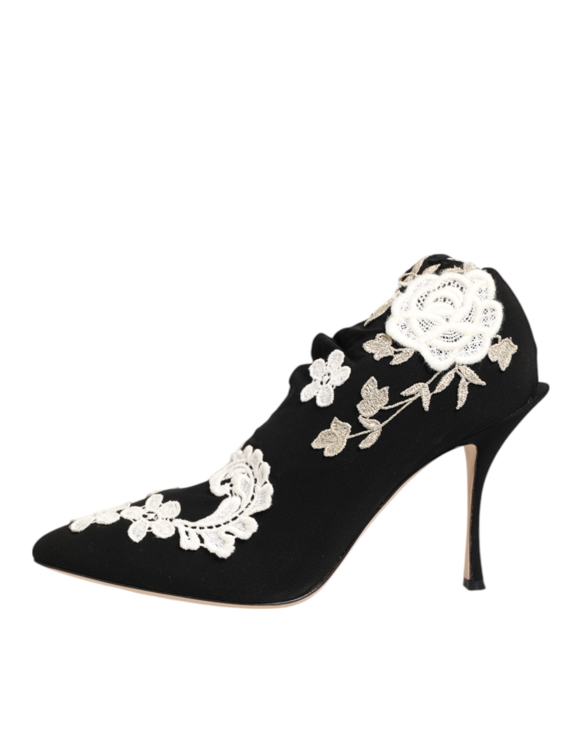 Dolce & Gabbana Black and White Embroidered Jersey Stiletto Boots Shoes-7