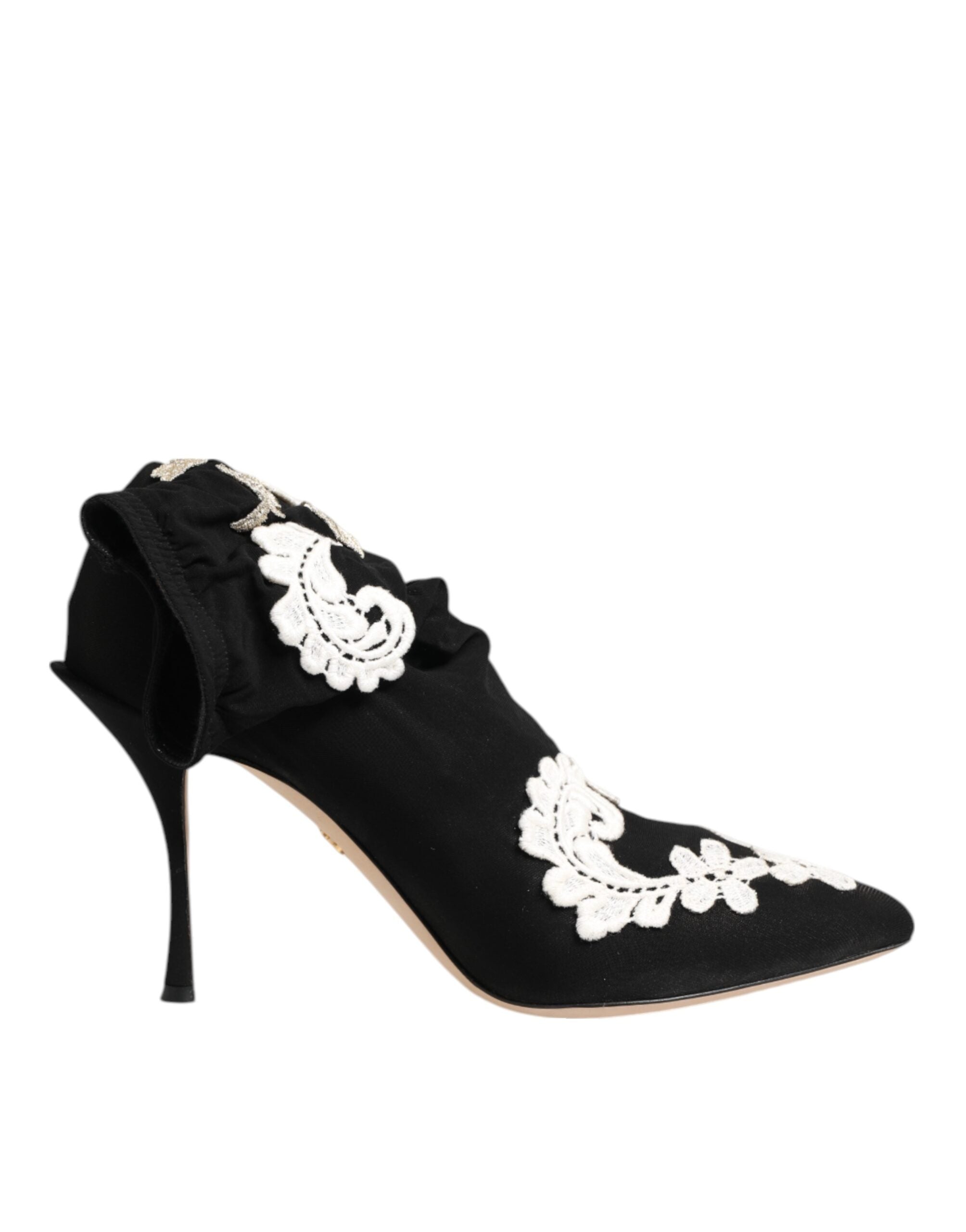 Dolce & Gabbana Black and White Embroidered Jersey Stiletto Boots Shoes-1