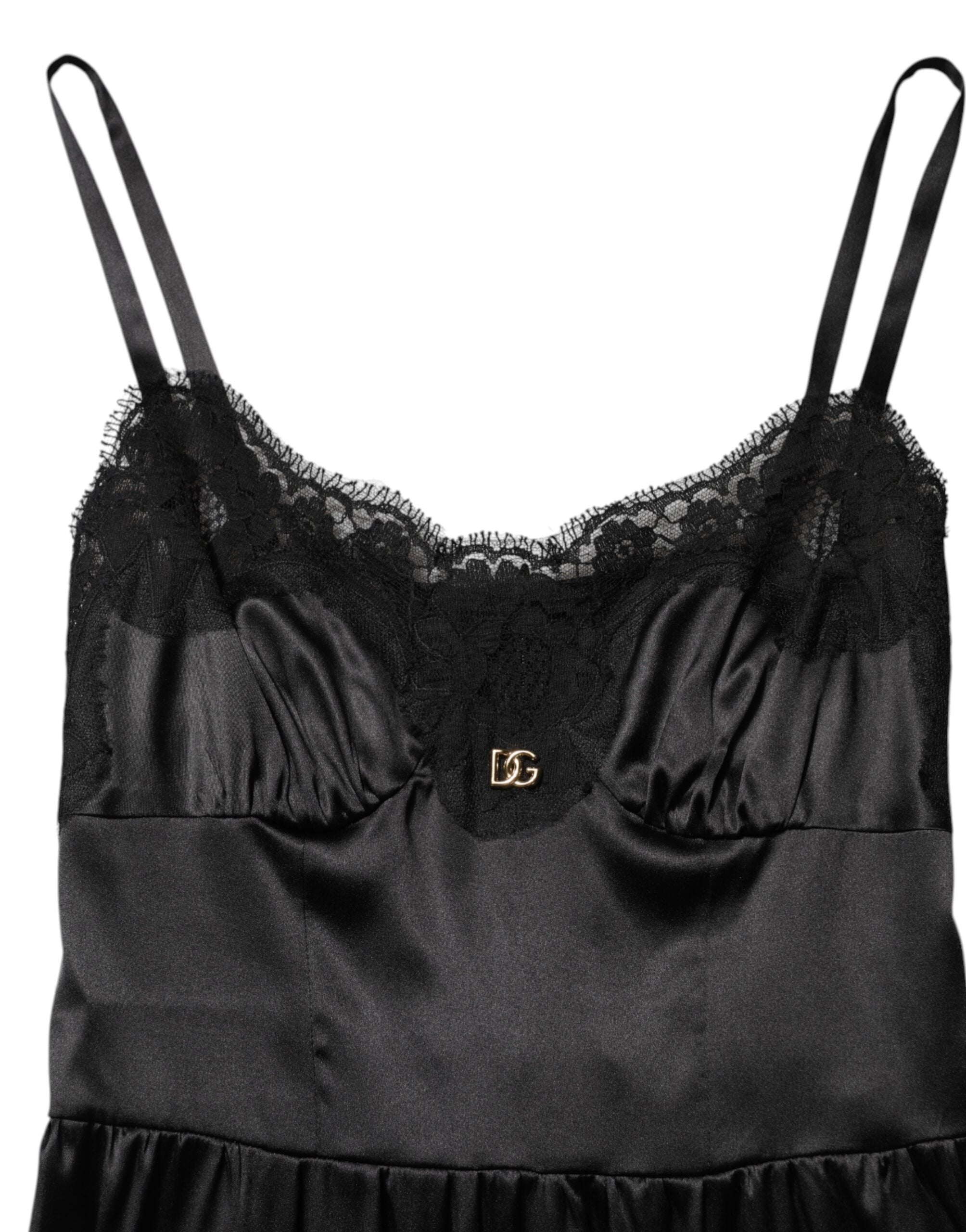Dolce & Gabbana Schwarzes ärmelloses Minikleid mit Spitzenbesatz aus einer Seidenmischung-6