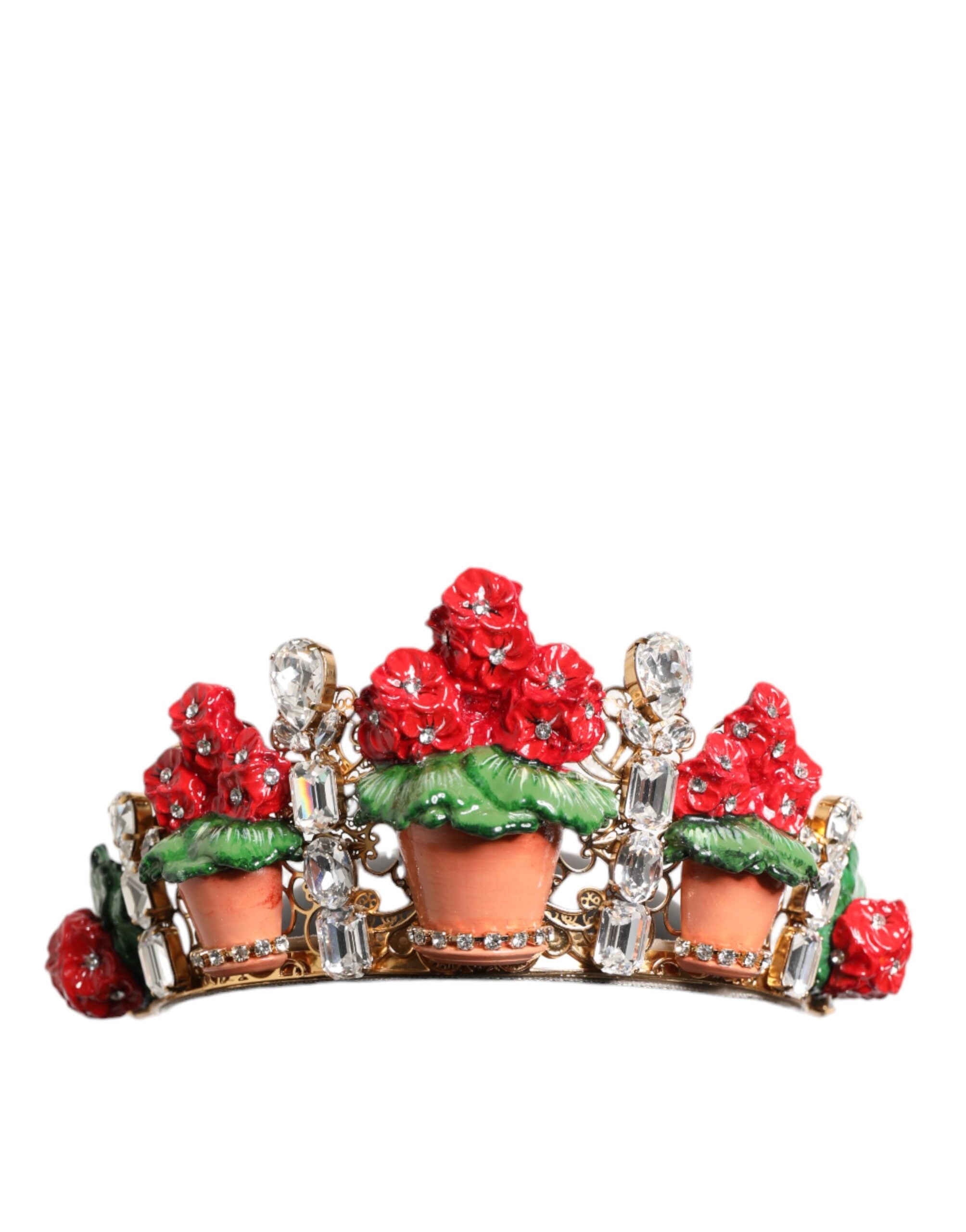Dolce & Gabbana Red Flower Flower Pot Crystal Gold Crown Tiara Headband-2