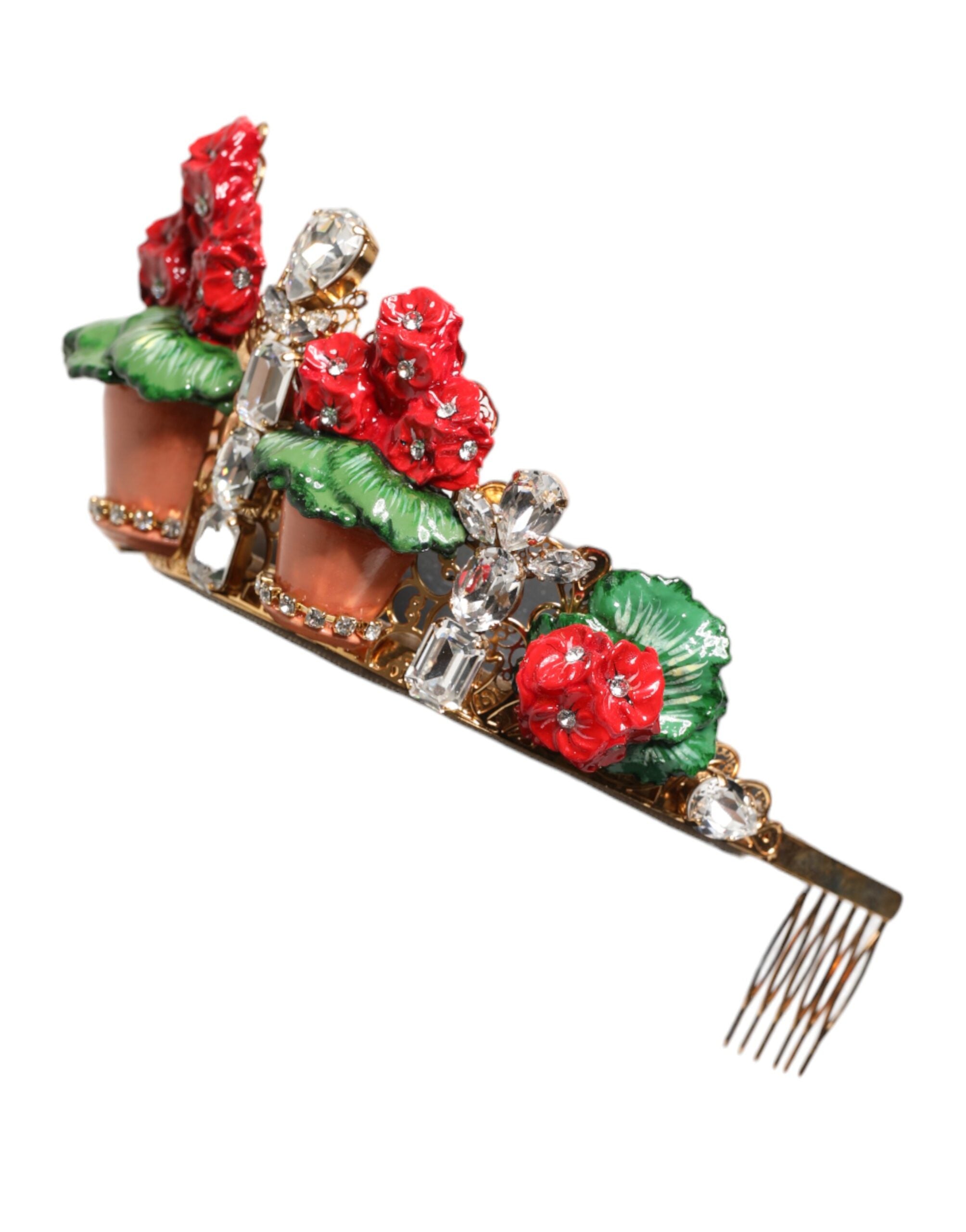 Dolce & Gabbana Red Flower Flower Pot Crystal Gold Crown Tiara Headband-3
