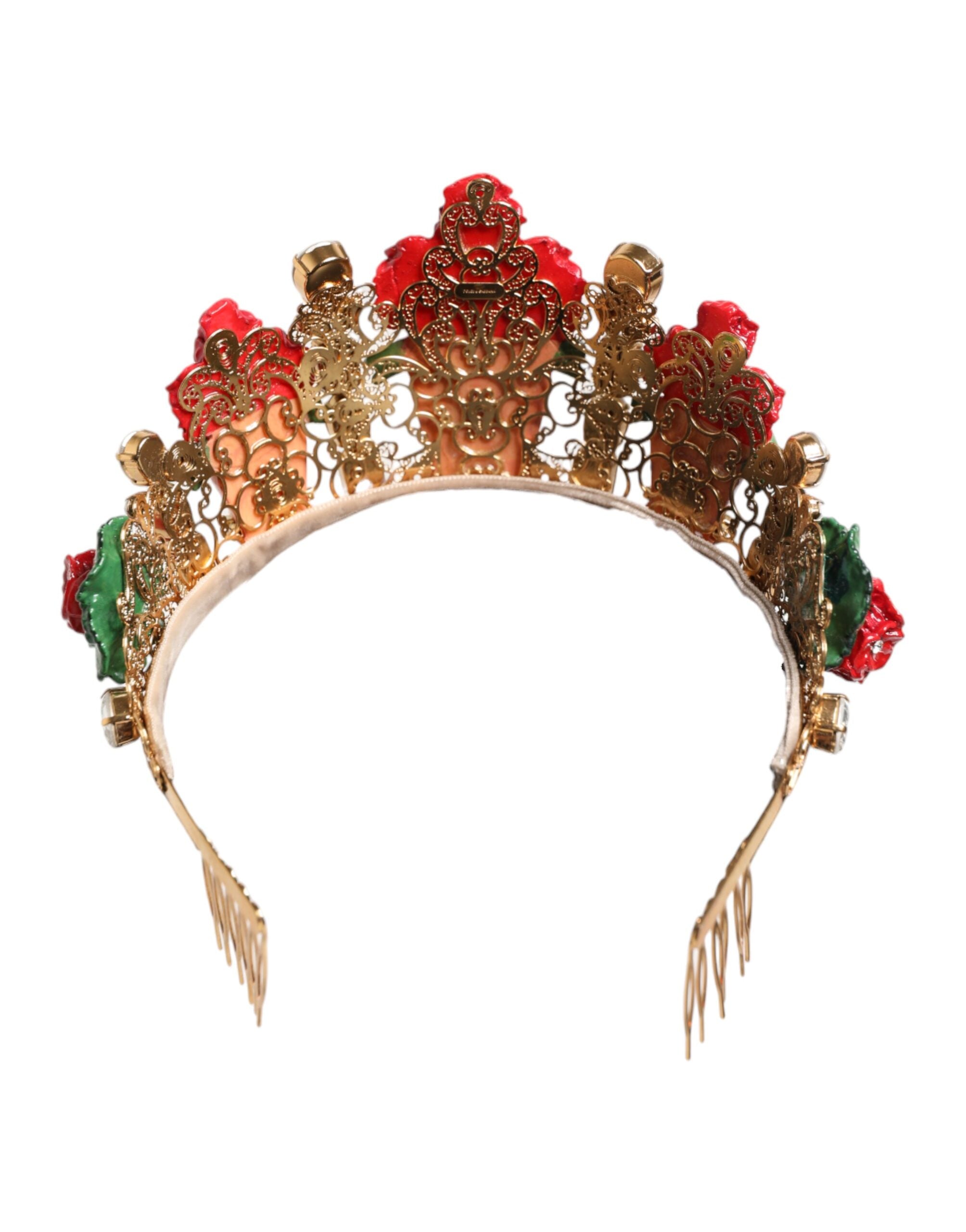 Dolce & Gabbana Red Flower Flower Pot Crystal Gold Crown Tiara Headband-4