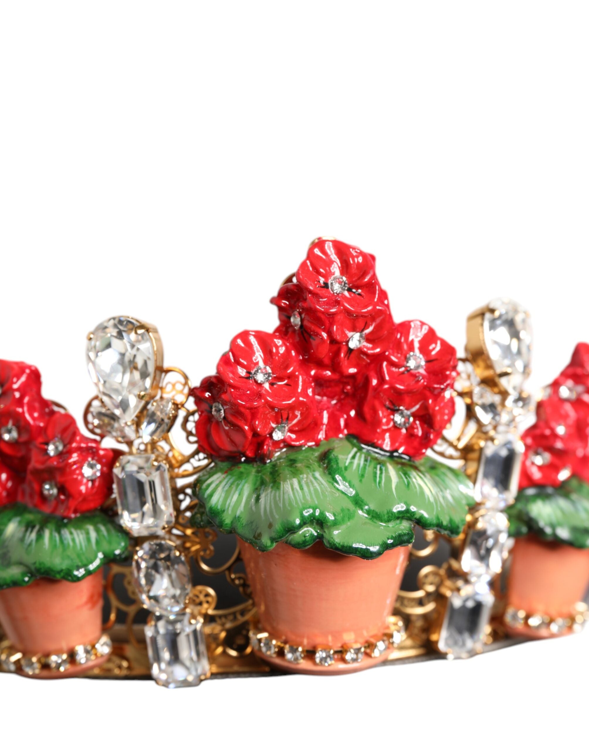 Dolce & Gabbana Red Flower Flower Pot Crystal Gold Crown Tiara Headband-5