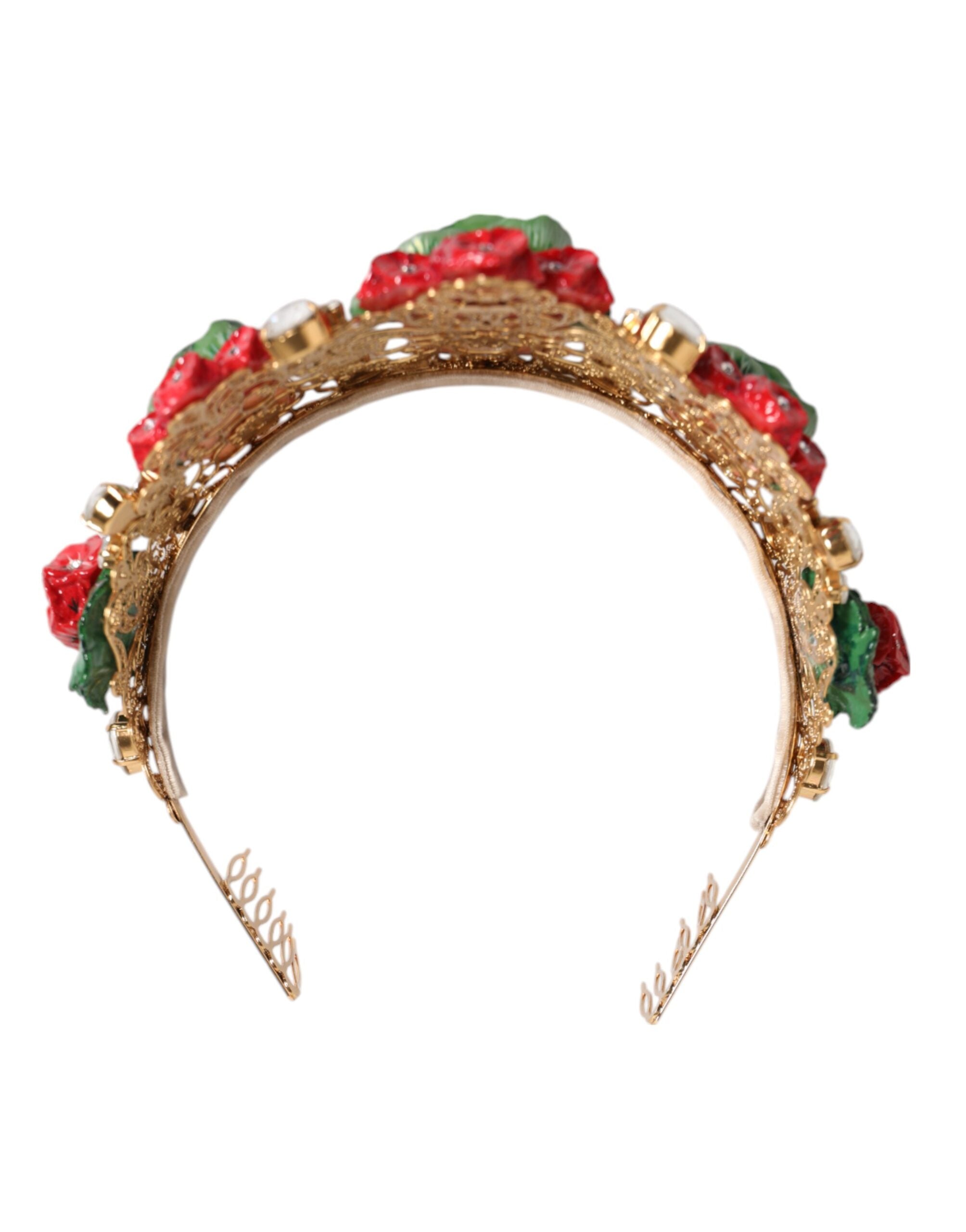 Dolce & Gabbana Red Flower Flower Pot Crystal Gold Crown Tiara Headband-6