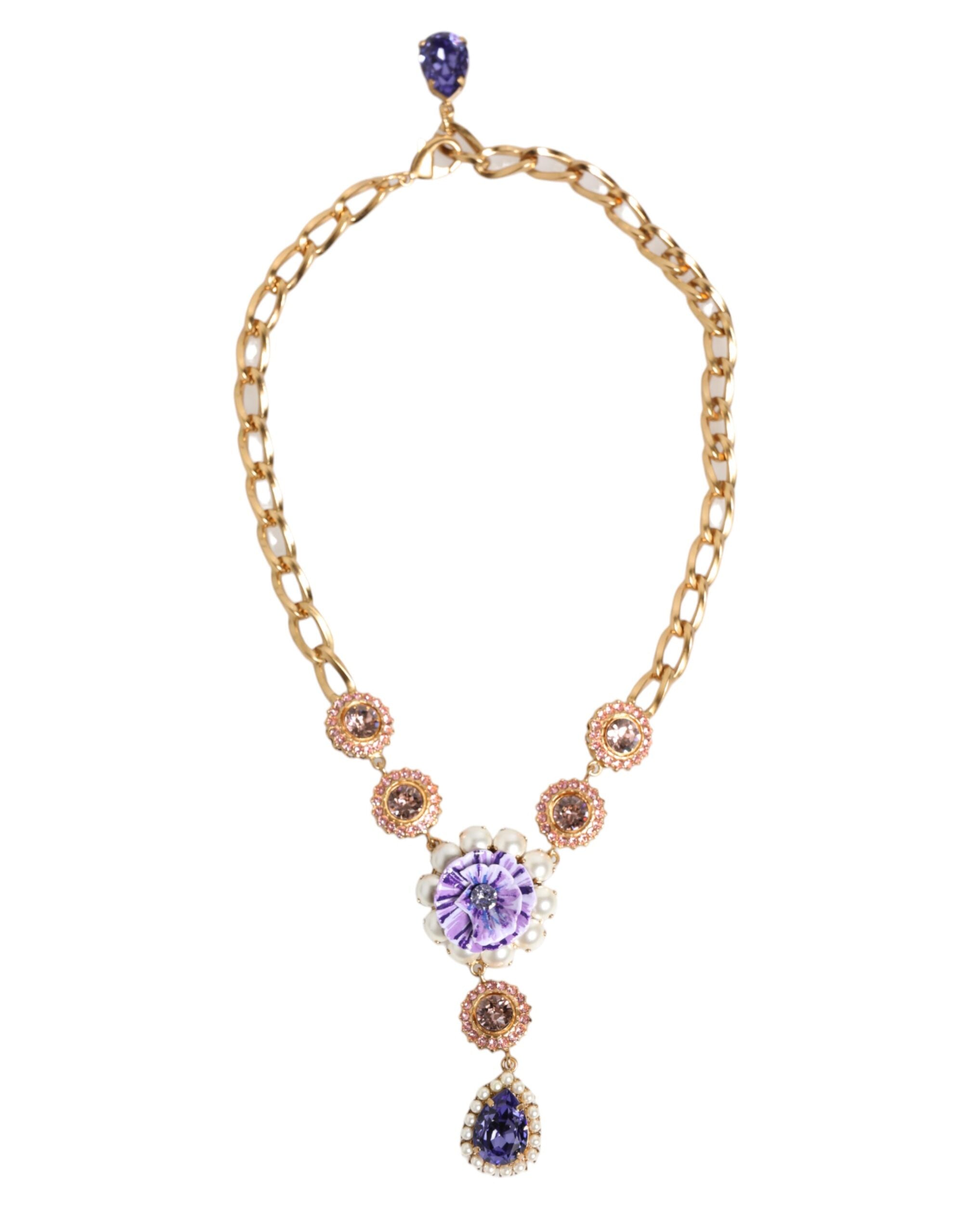 Dolce & Gabbana Gold Brass Crystal Pearl Purple Floral Pendant Jewelry Necklace-2