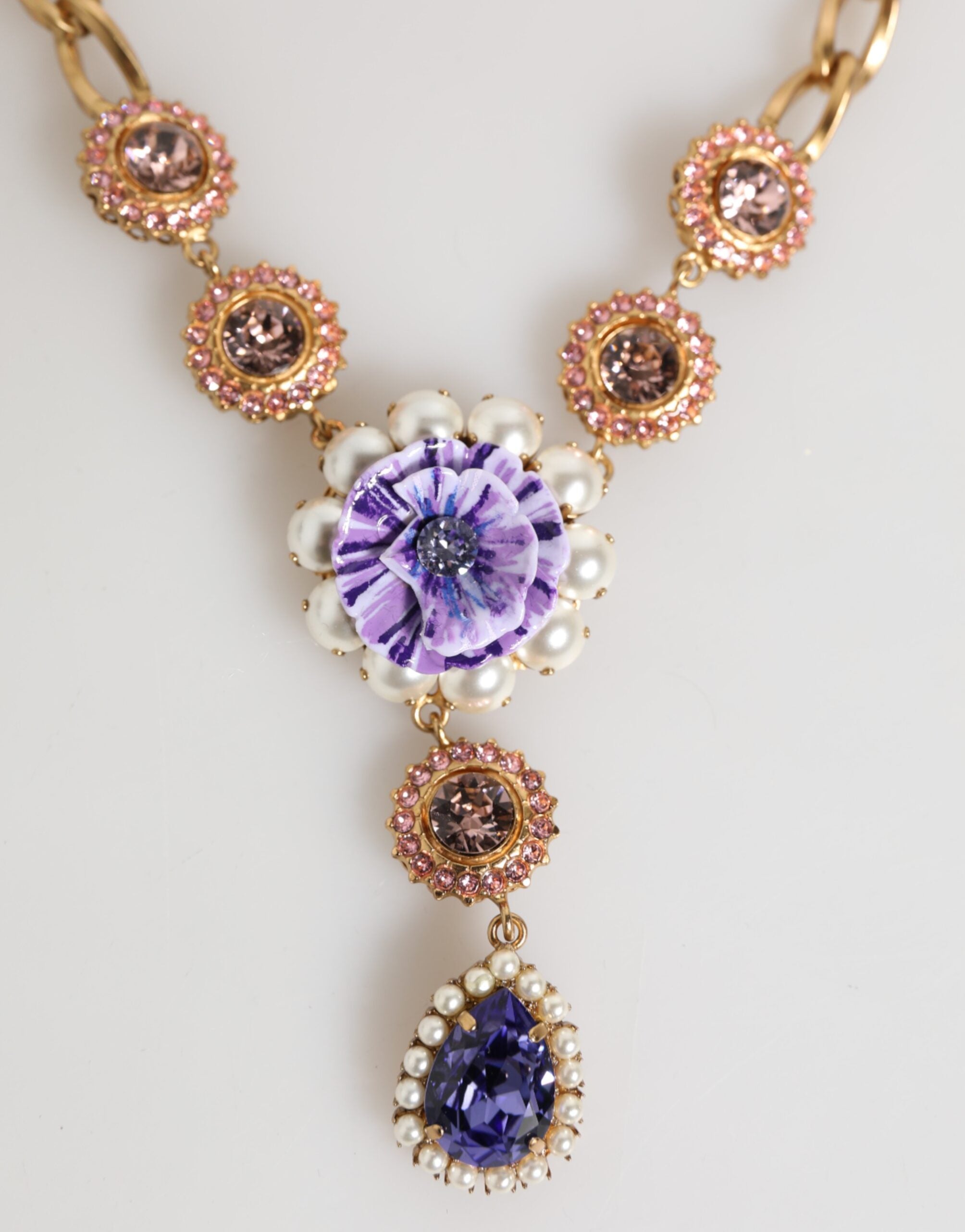Dolce & Gabbana Gold Brass Crystal Pearl Purple Floral Pendant Jewelry Necklace-3