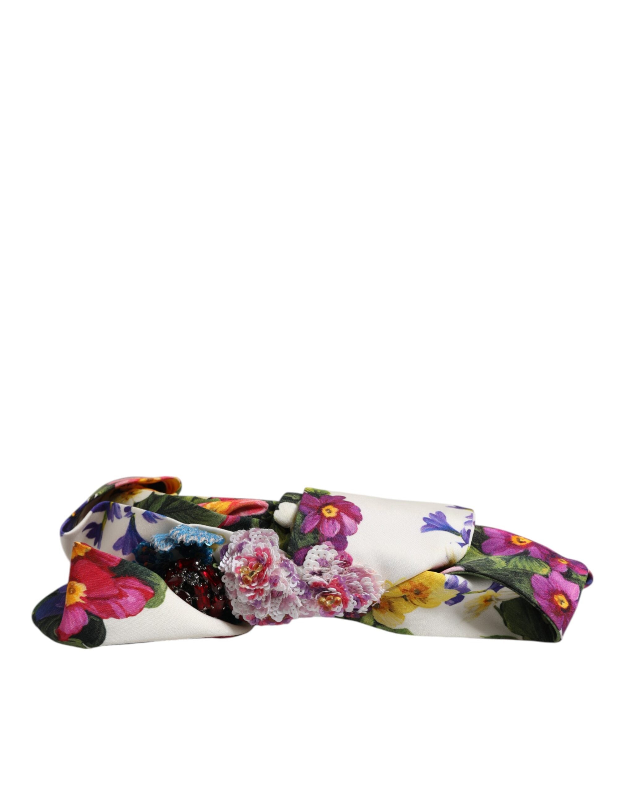 Dolce & Gabbana White Multicolor Floral Silk Bow Crystal Embellished Headband-2