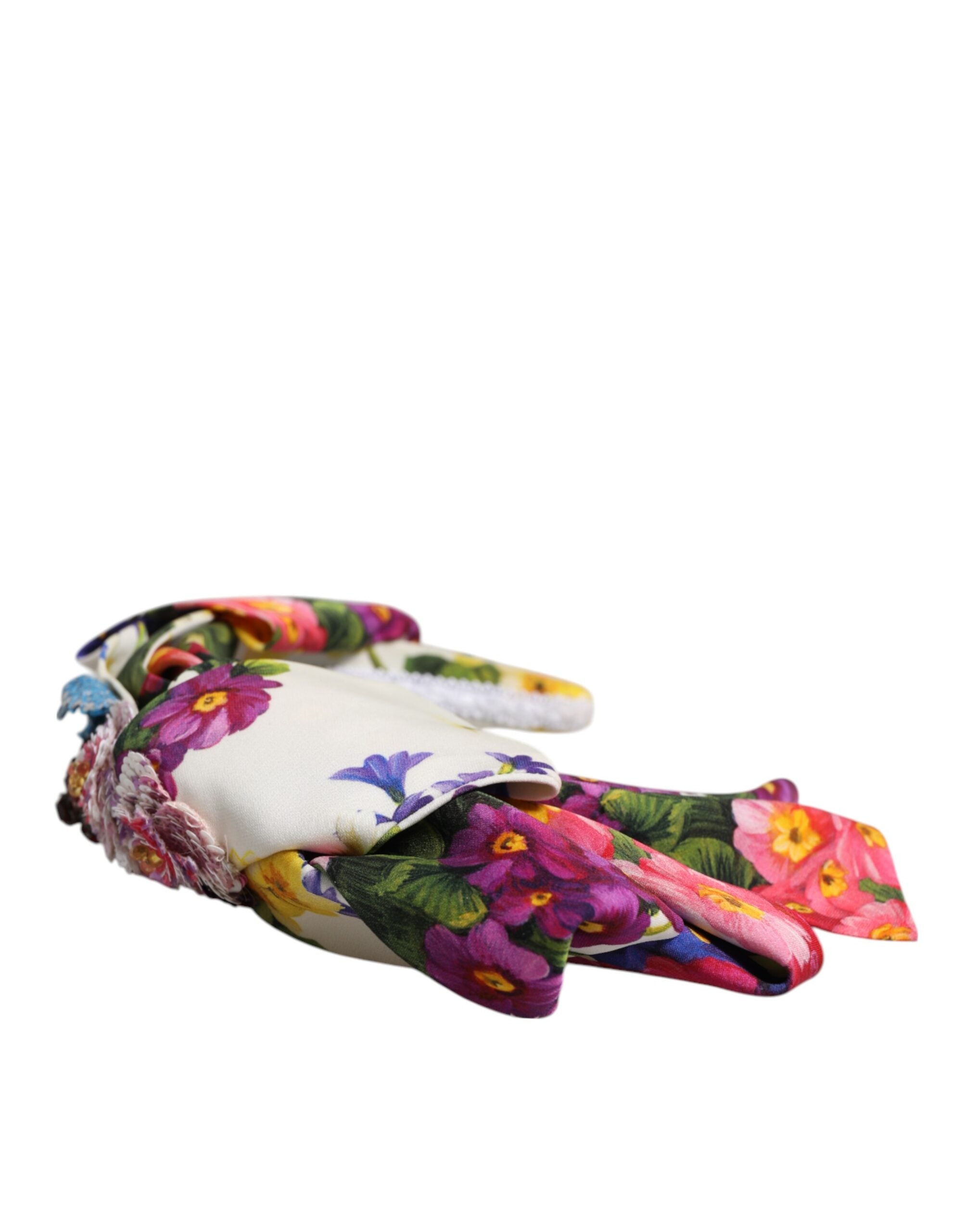 Dolce & Gabbana White Multicolor Floral Silk Bow Crystal Embellished Headband-3