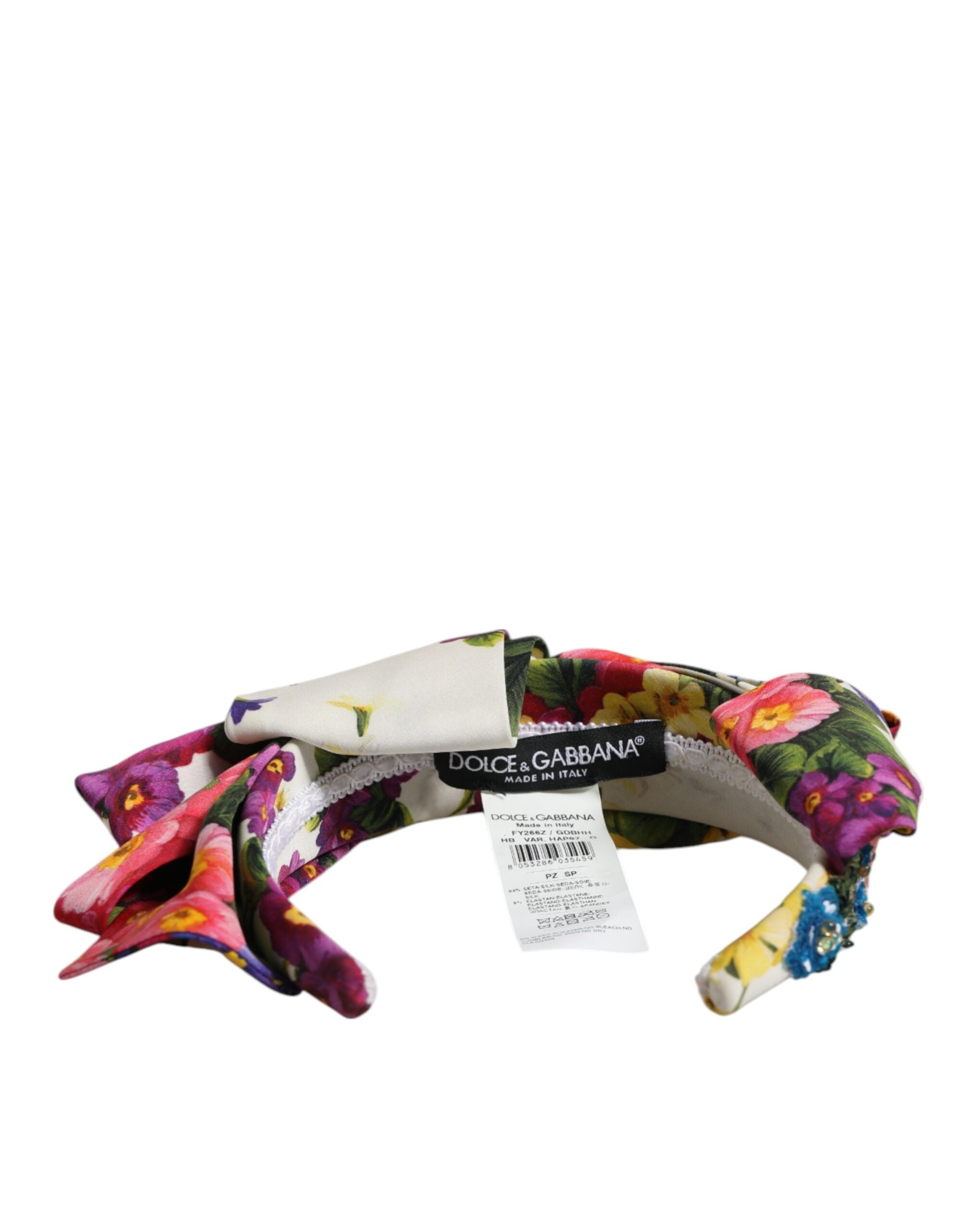 Dolce & Gabbana White Multicolor Floral Silk Bow Crystal Embellished Headband-4