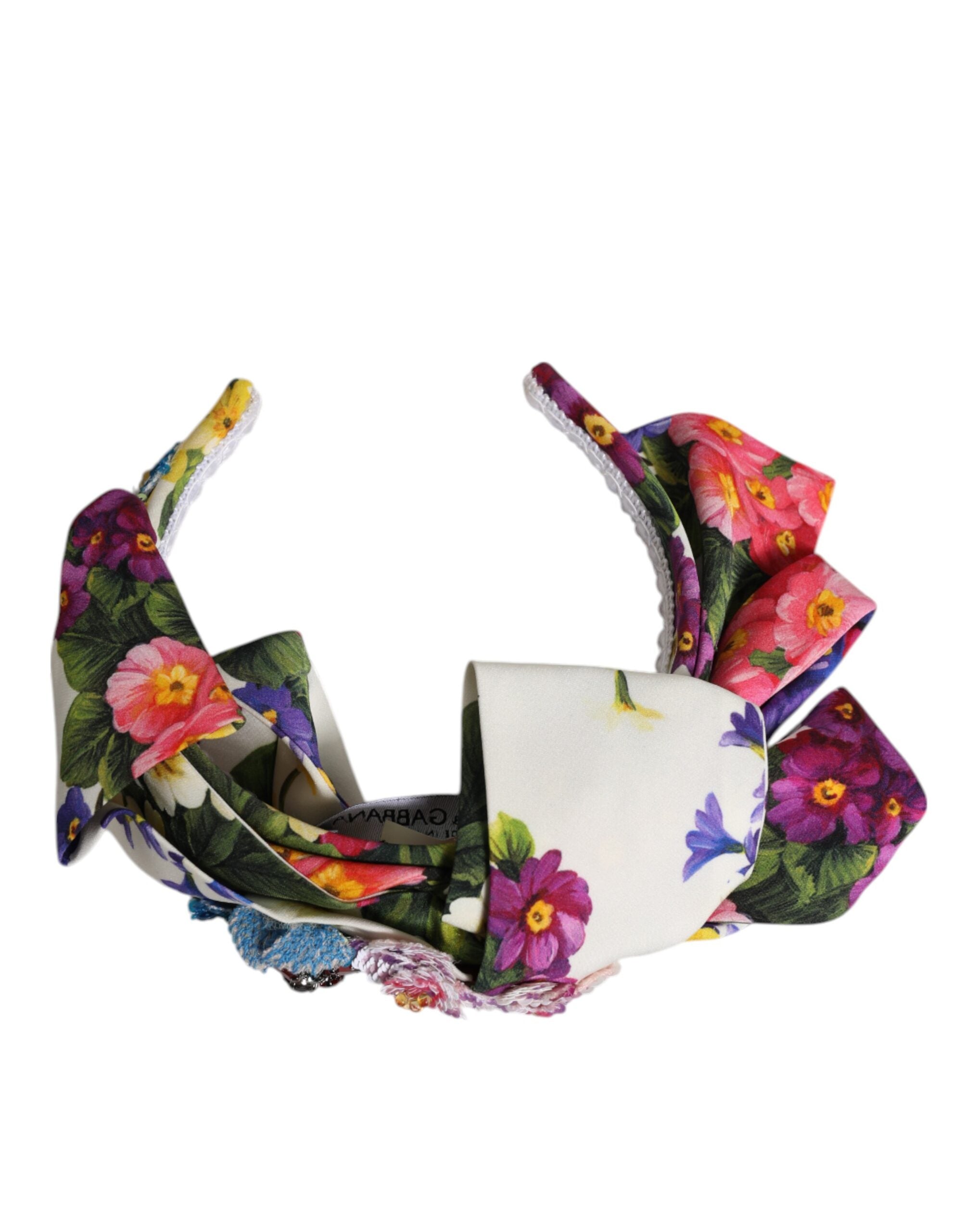 Dolce & Gabbana White Multicolor Floral Silk Bow Crystal Embellished Headband-5