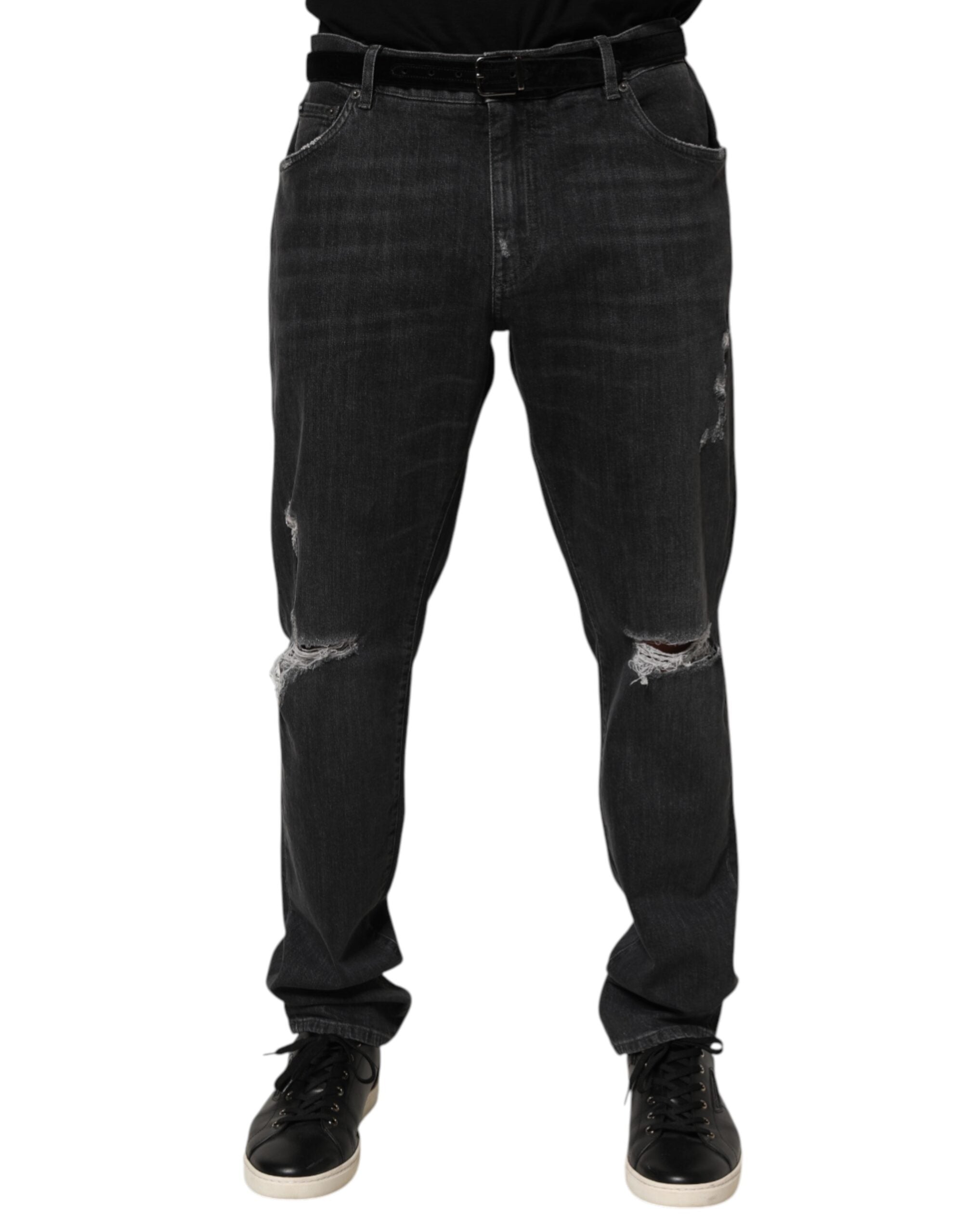 Dolce & Gabbana black slim-fit jeans in cotton with a torn logo-2