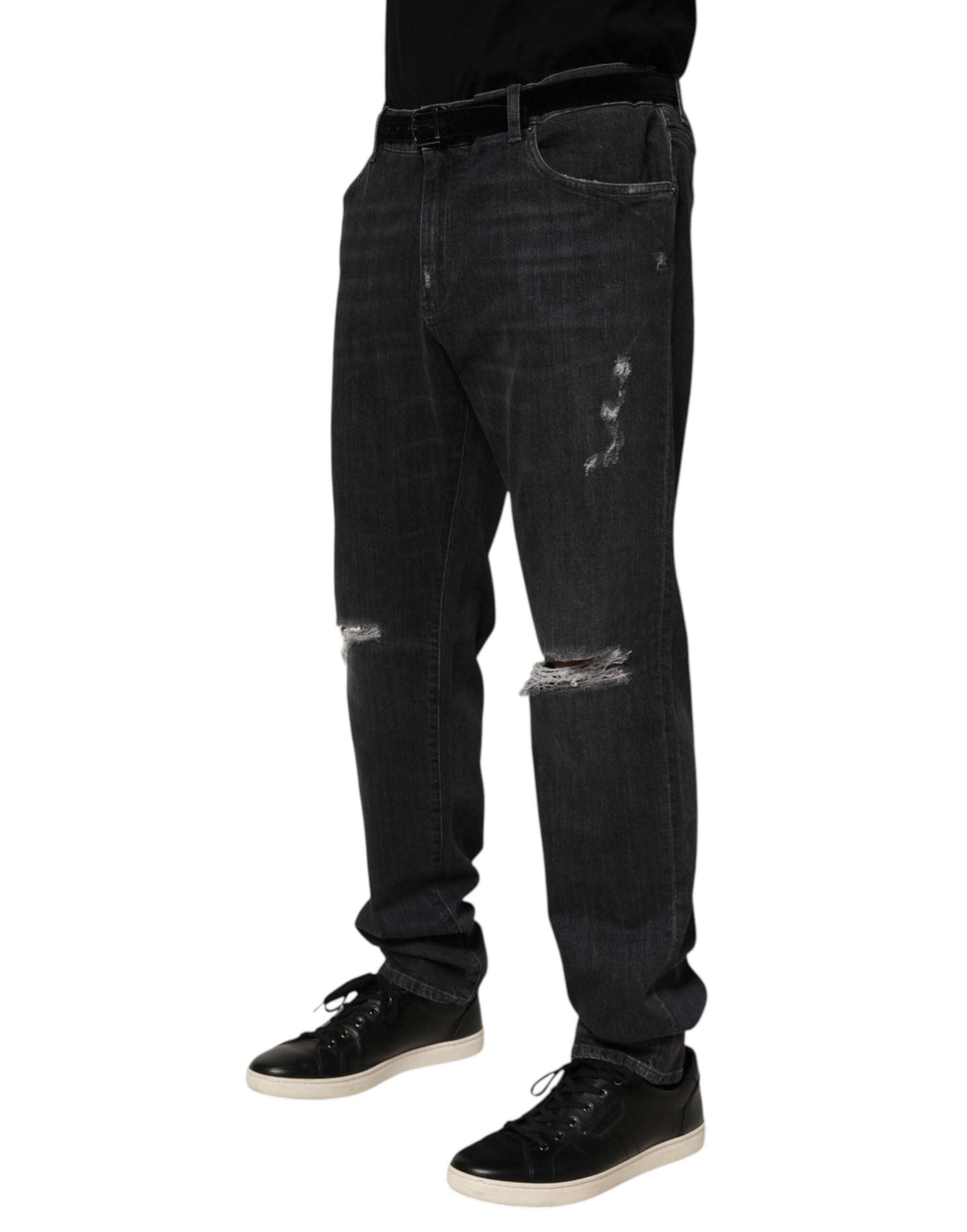 Dolce & Gabbana black slim-fit jeans in cotton with a torn logo-3