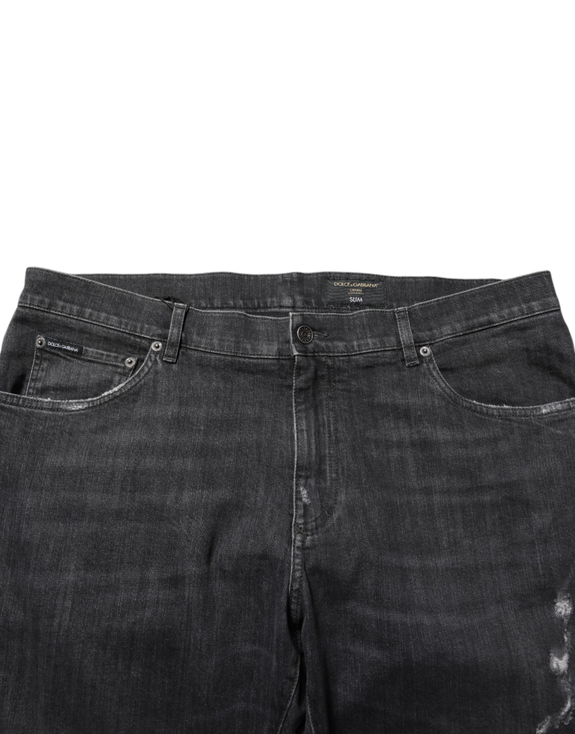 Dolce & Gabbana black slim-fit jeans in cotton with a torn logo-5