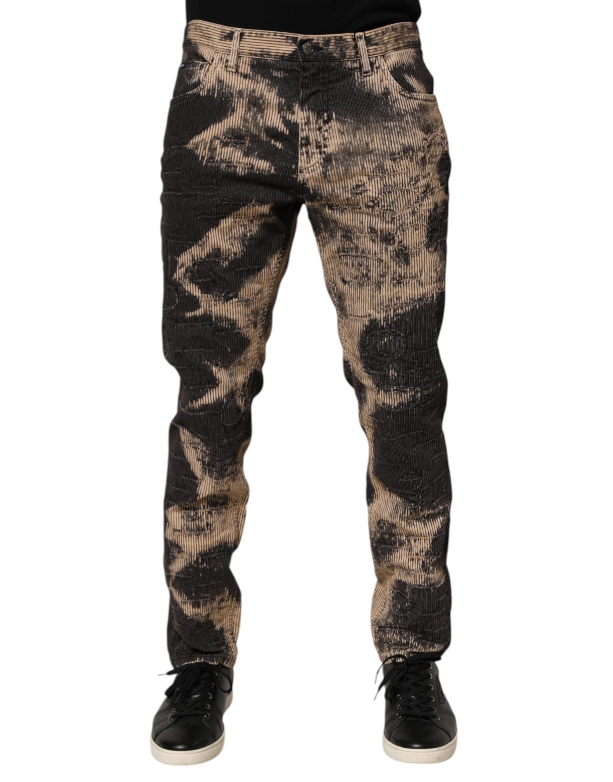 Dolce & Gabbana Beige Black Corduroy Trousers with Tie Pattern in Cotton Blend-1