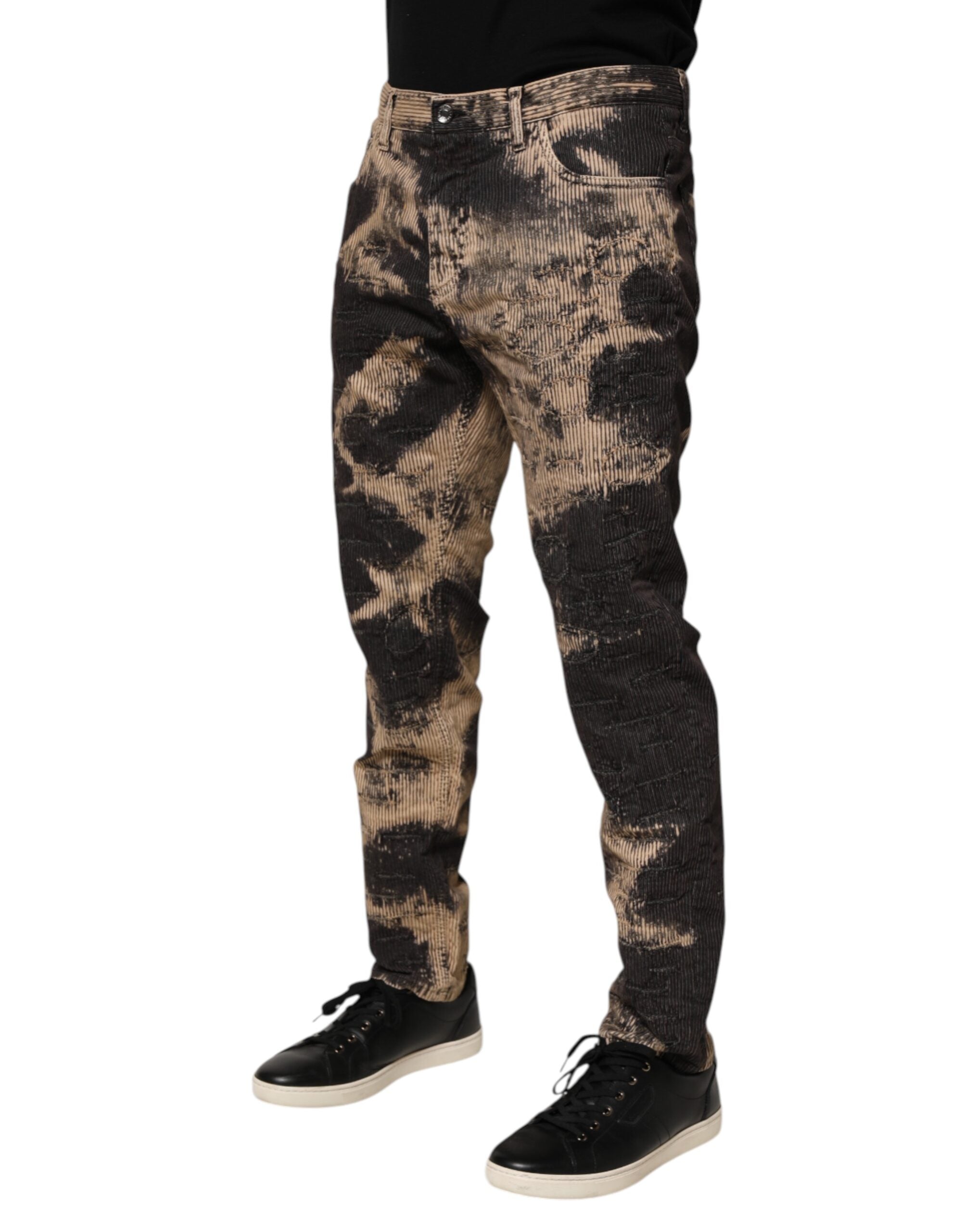 Dolce & Gabbana Beige Black Corduroy Trousers with Tie Pattern in Cotton Blend-3
