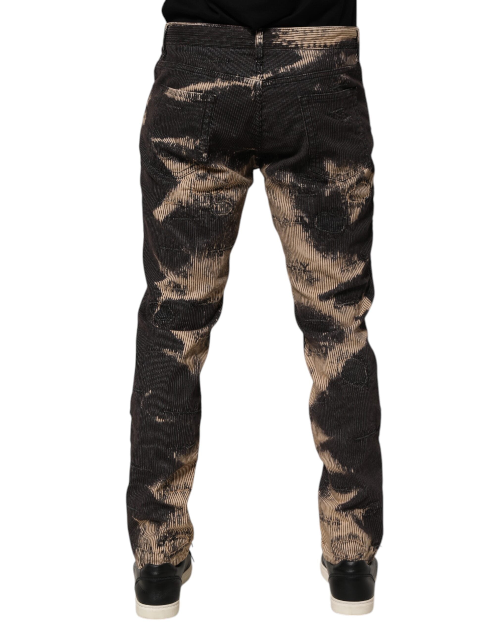 Dolce & Gabbana Beige Black Corduroy Trousers with Tie Pattern in Cotton Blend-4