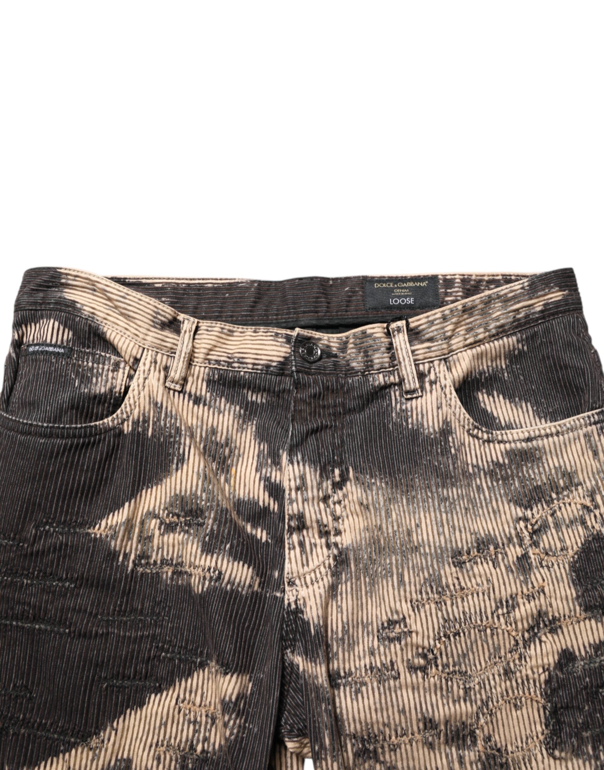 Dolce & Gabbana Beige Black Corduroy Trousers with Tie Pattern in Cotton Blend-5