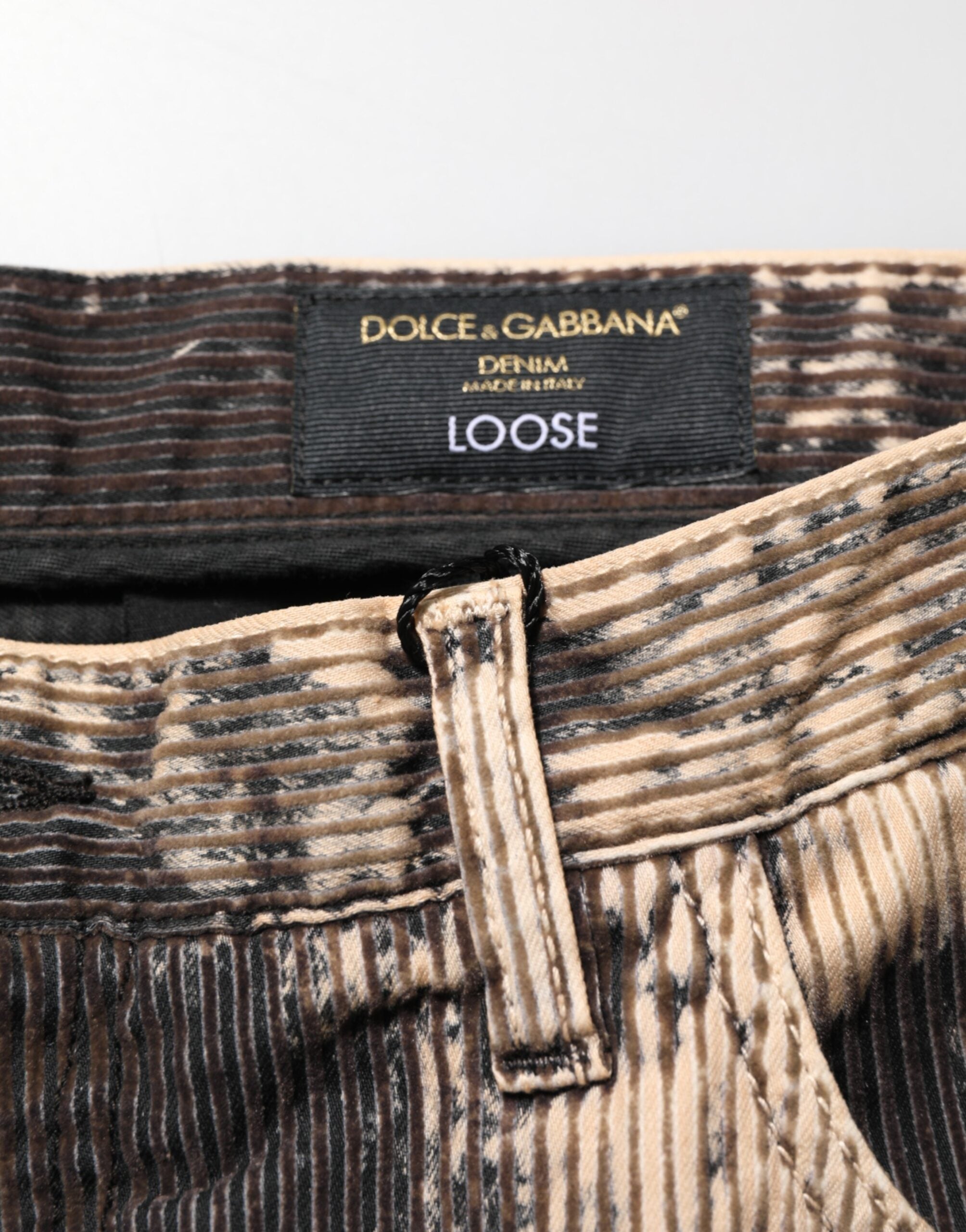Dolce & Gabbana Beige Black Corduroy Trousers with Tie Pattern in Cotton Blend-6