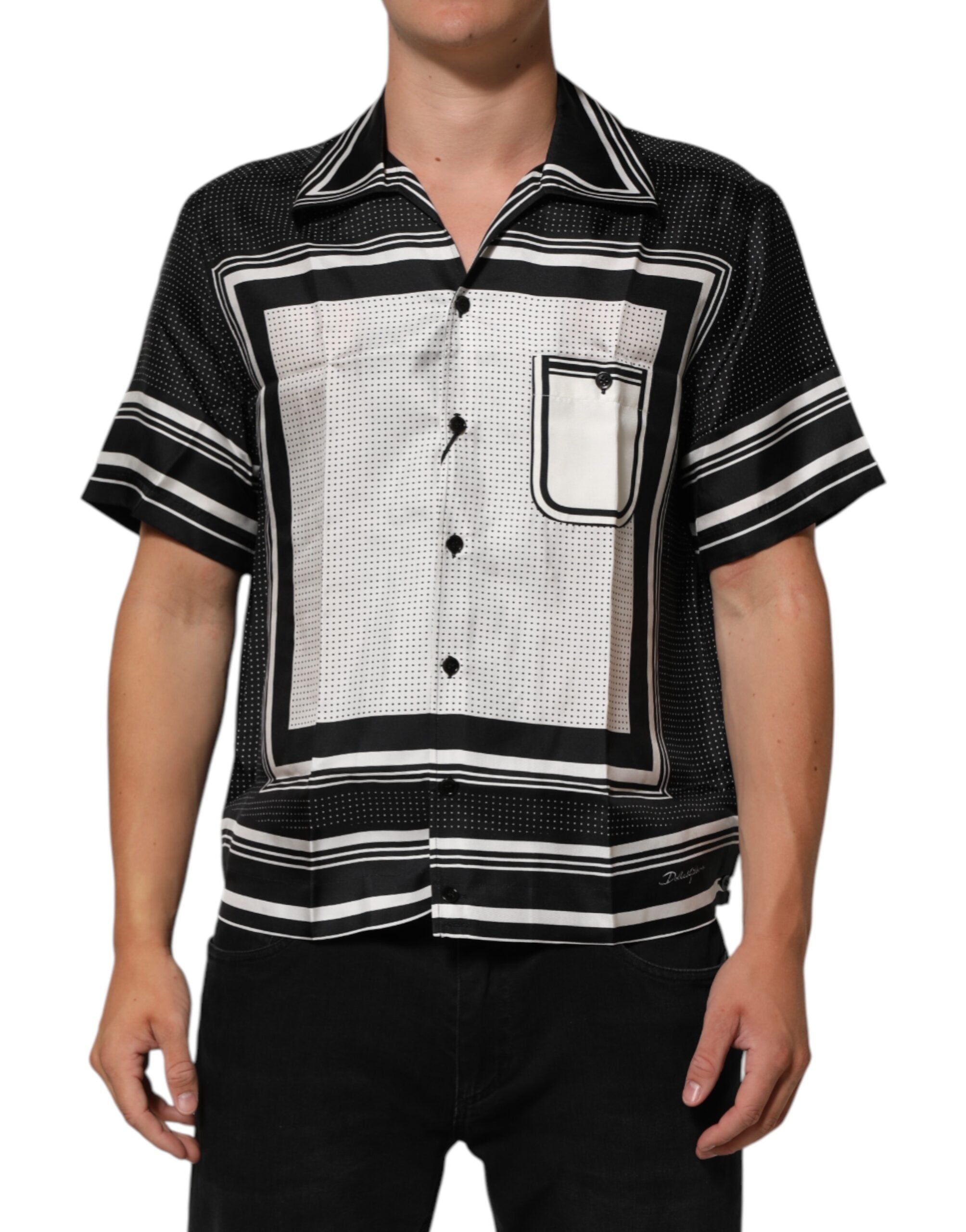 Dolce & Gabbana Black and White Stripe Polka Dot Print Casual Polo Shirt