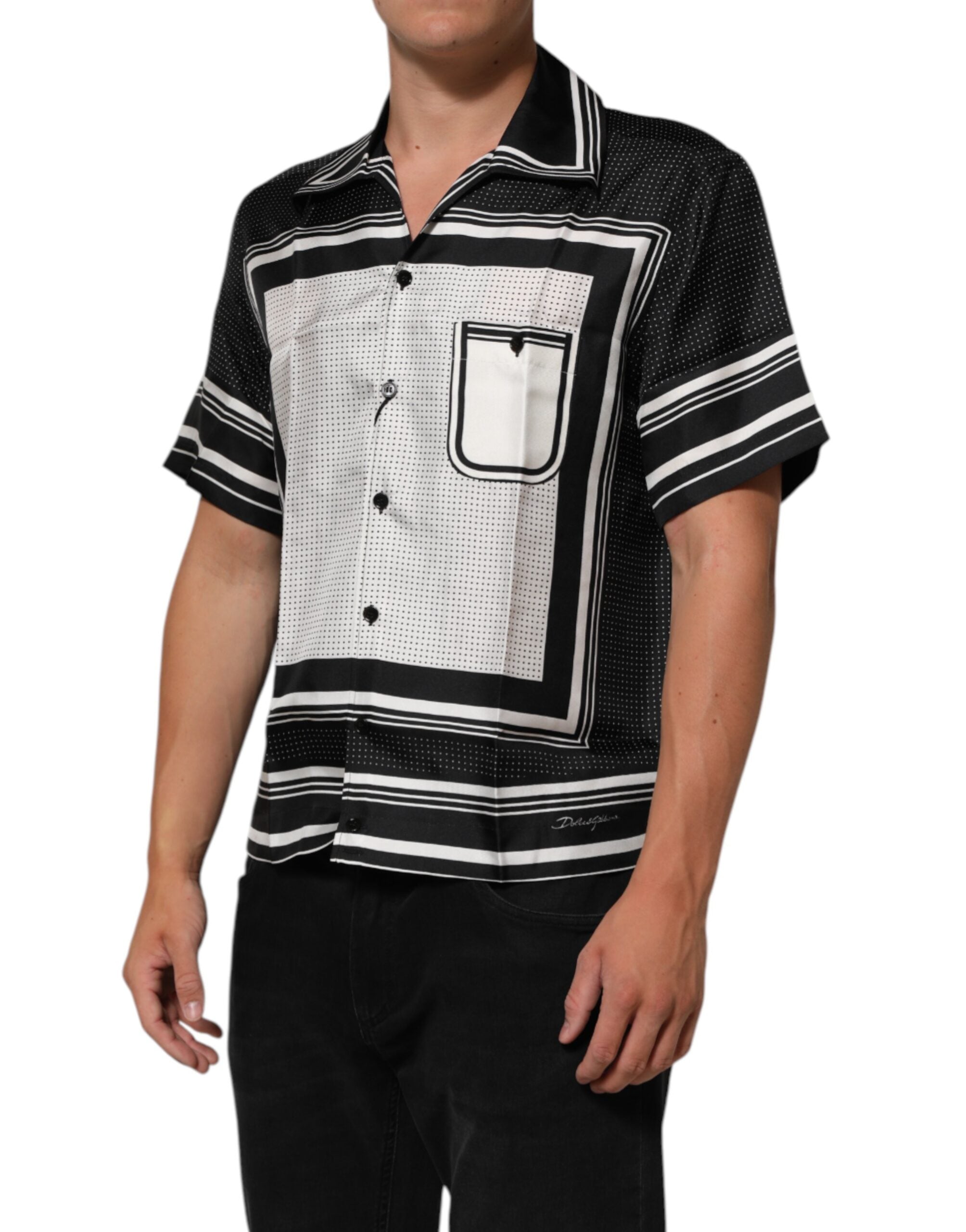 Dolce & Gabbana Black and White Stripe Polka Dot Print Casual Polo Shirt-3