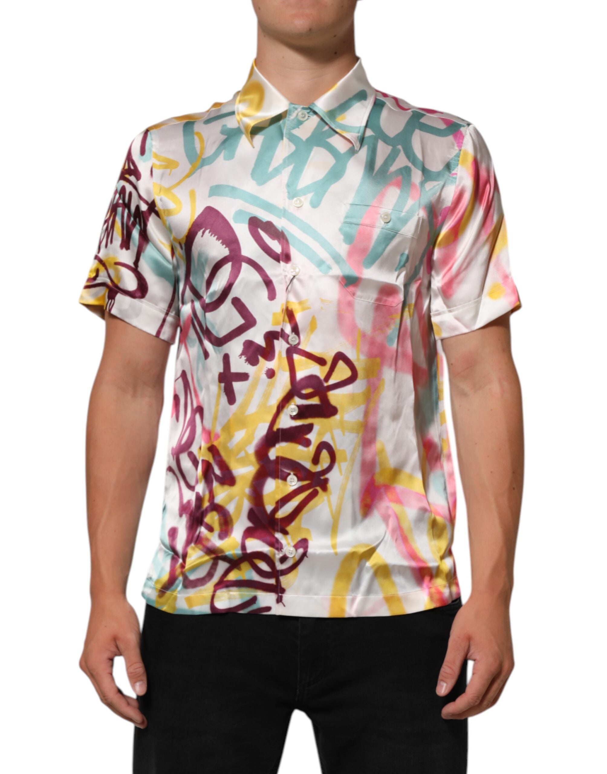 Dolce & Gabbana White Silk Hawaiian Graffiti Shirt for Men Casual Shirt-2