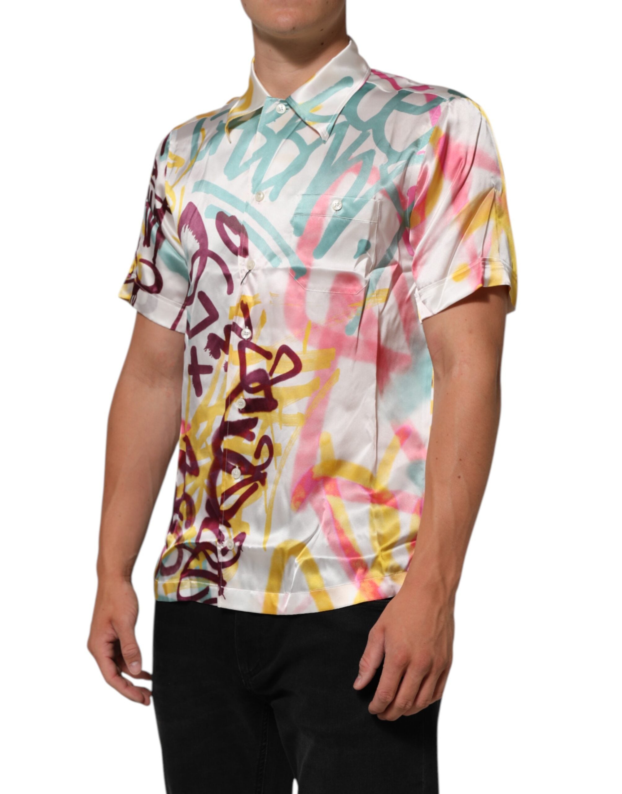 Dolce & Gabbana White Silk Hawaiian Graffiti Shirt for Men Casual Shirt-3
