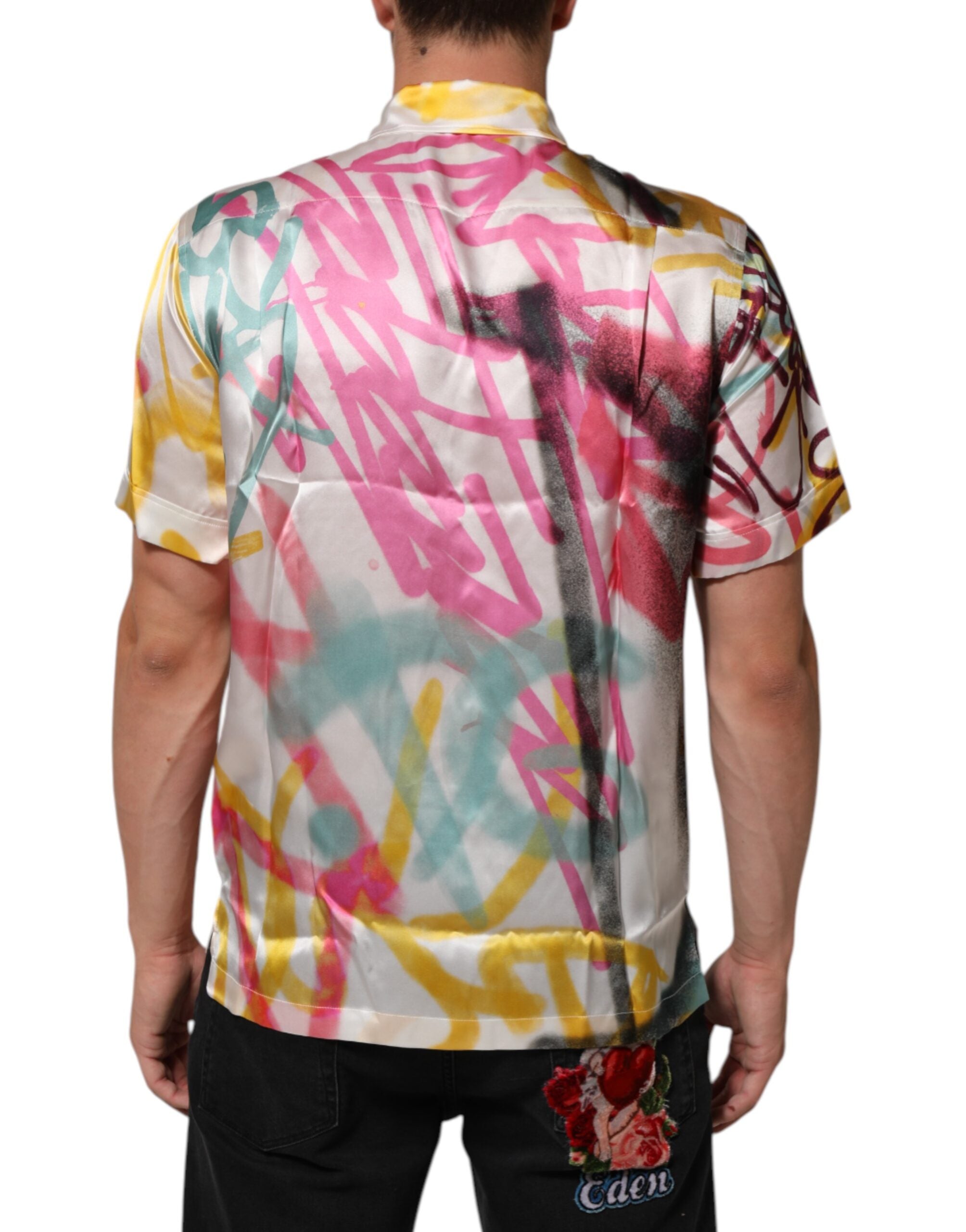 Dolce & Gabbana White Silk Hawaiian Graffiti Shirt for Men Casual Shirt-4
