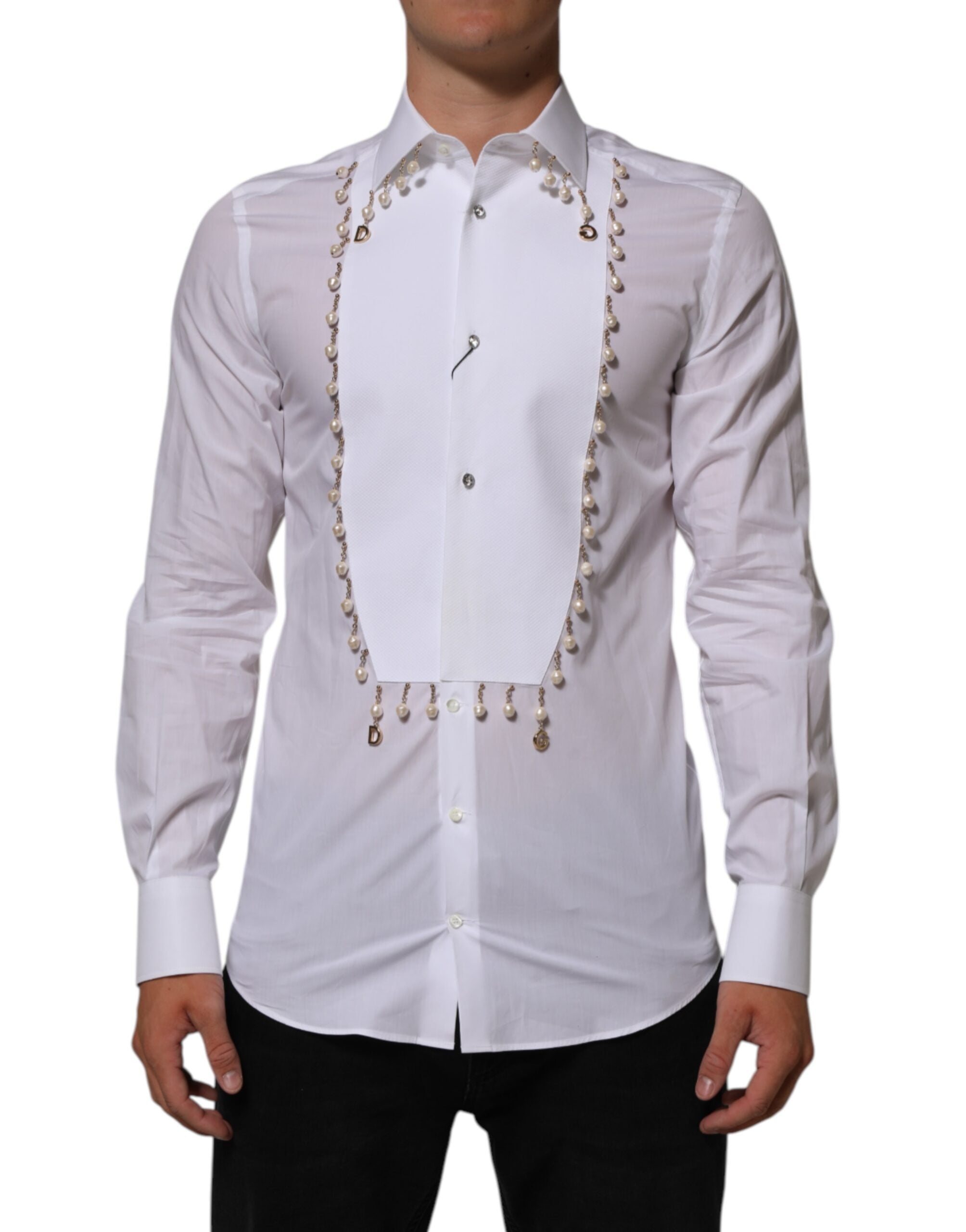 Dolce & Gabbana Weißes DG-Logo-Perlen-GOLD-Hemd aus Baumwolle für den formellen Anlass-2