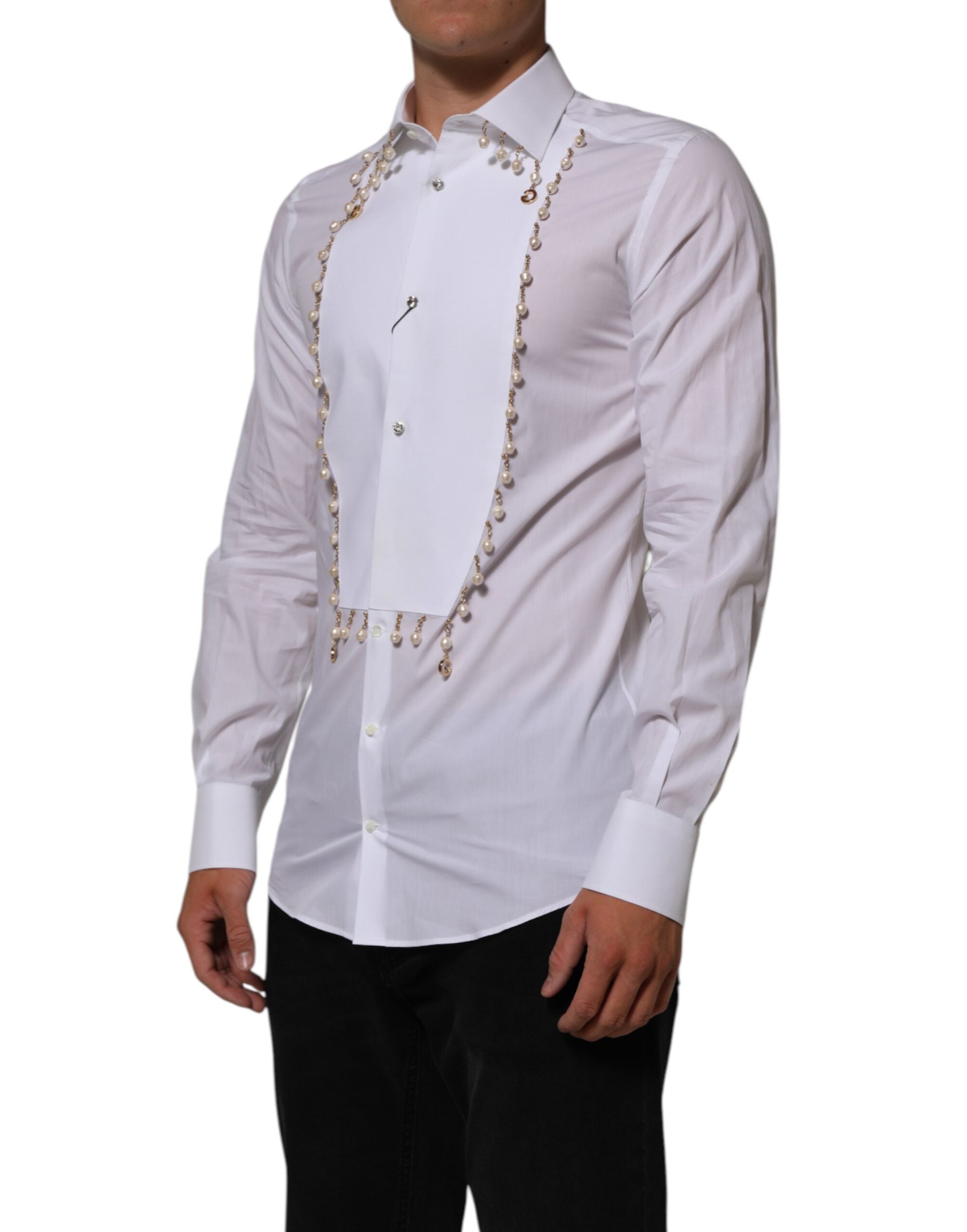 Dolce & Gabbana Weißes DG-Logo-Perlen-GOLD-Hemd aus Baumwolle für den formellen Anlass-3