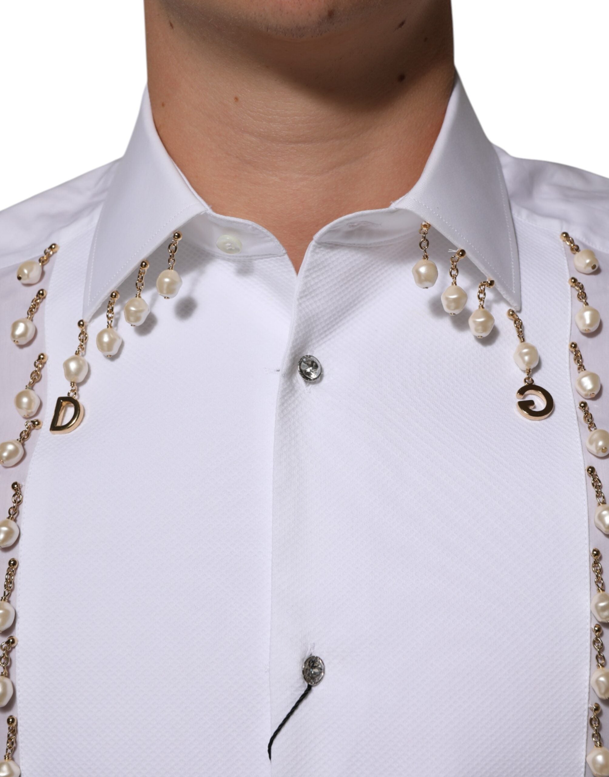 Dolce & Gabbana Weißes DG-Logo-Perlen-GOLD-Hemd aus Baumwolle für den formellen Anlass-5