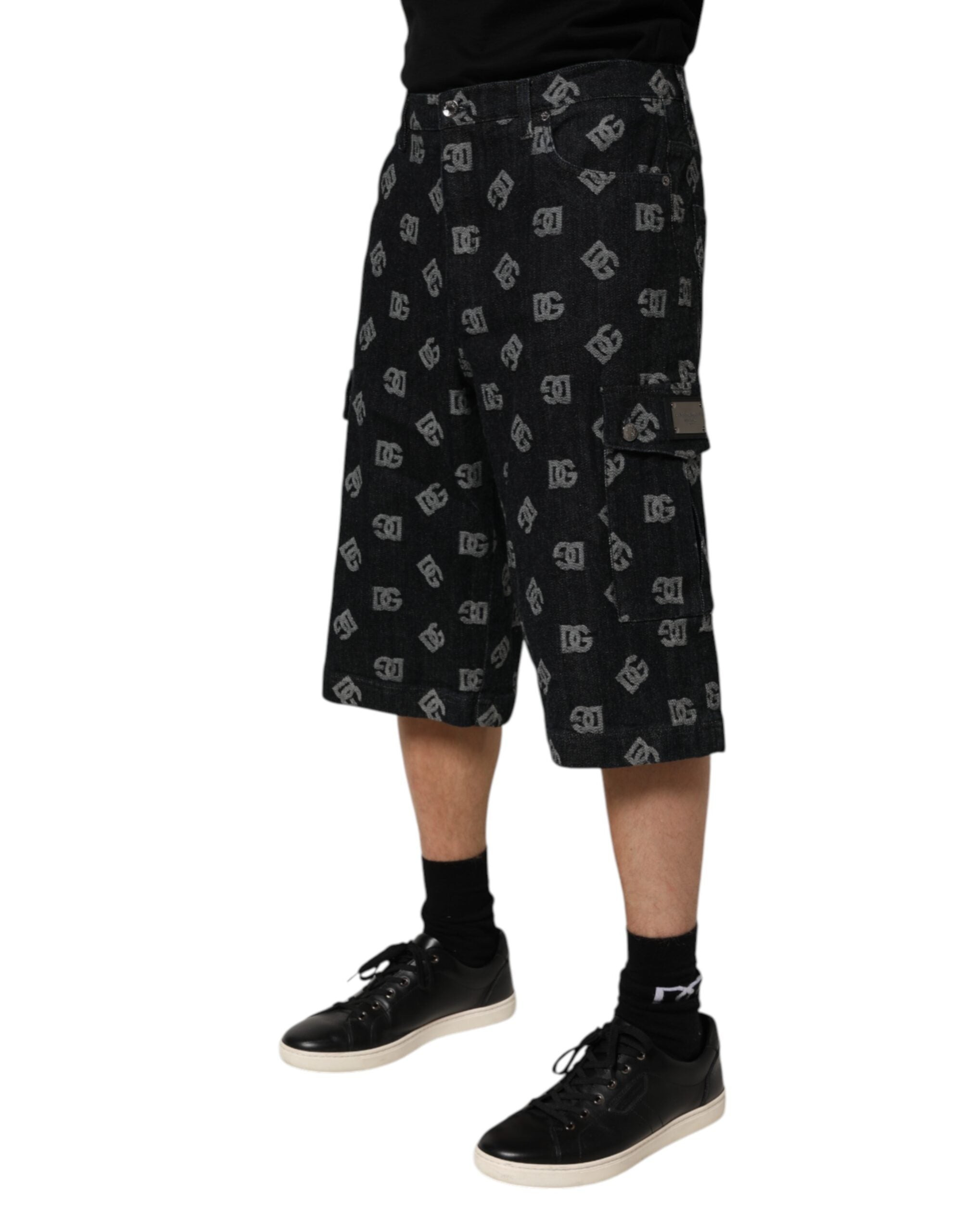 Dolce & Gabbana Black Monogram Denim Cargo Men's Bermuda Shorts-3