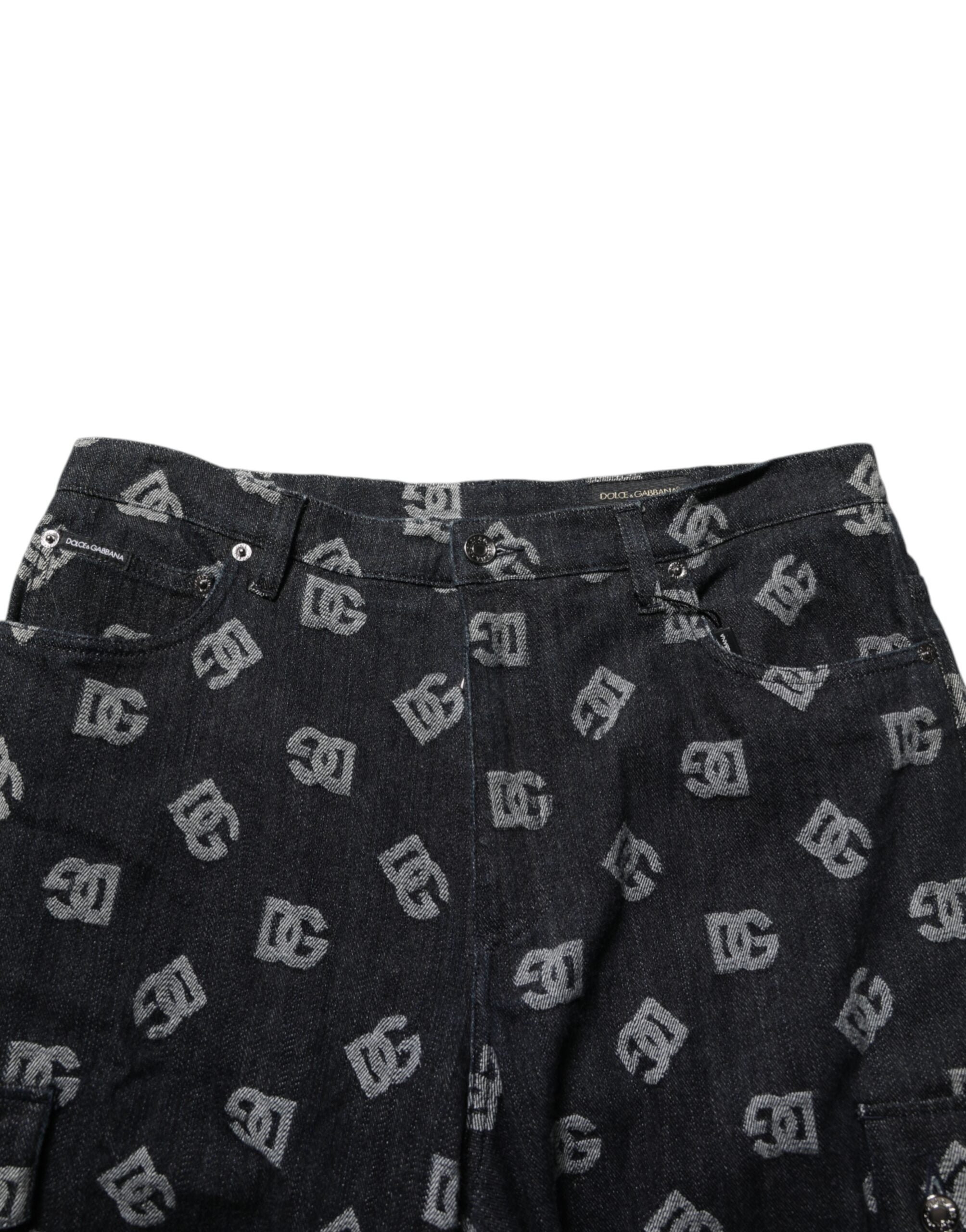 Dolce & Gabbana Black Monogram Denim Cargo Men's Bermuda Shorts-5