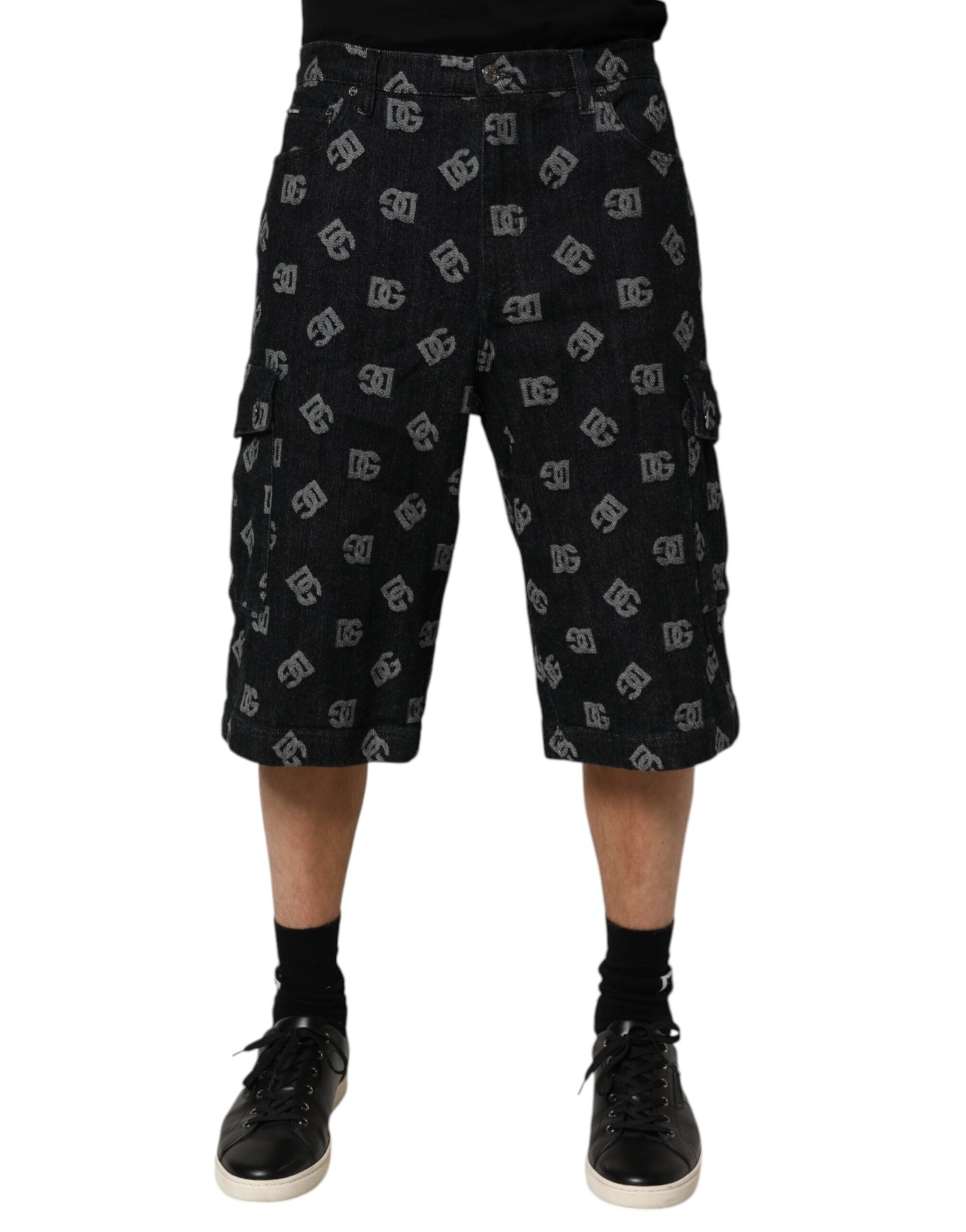 Dolce & Gabbana Black Monogram Denim Cargo Men's Bermuda Shorts-2