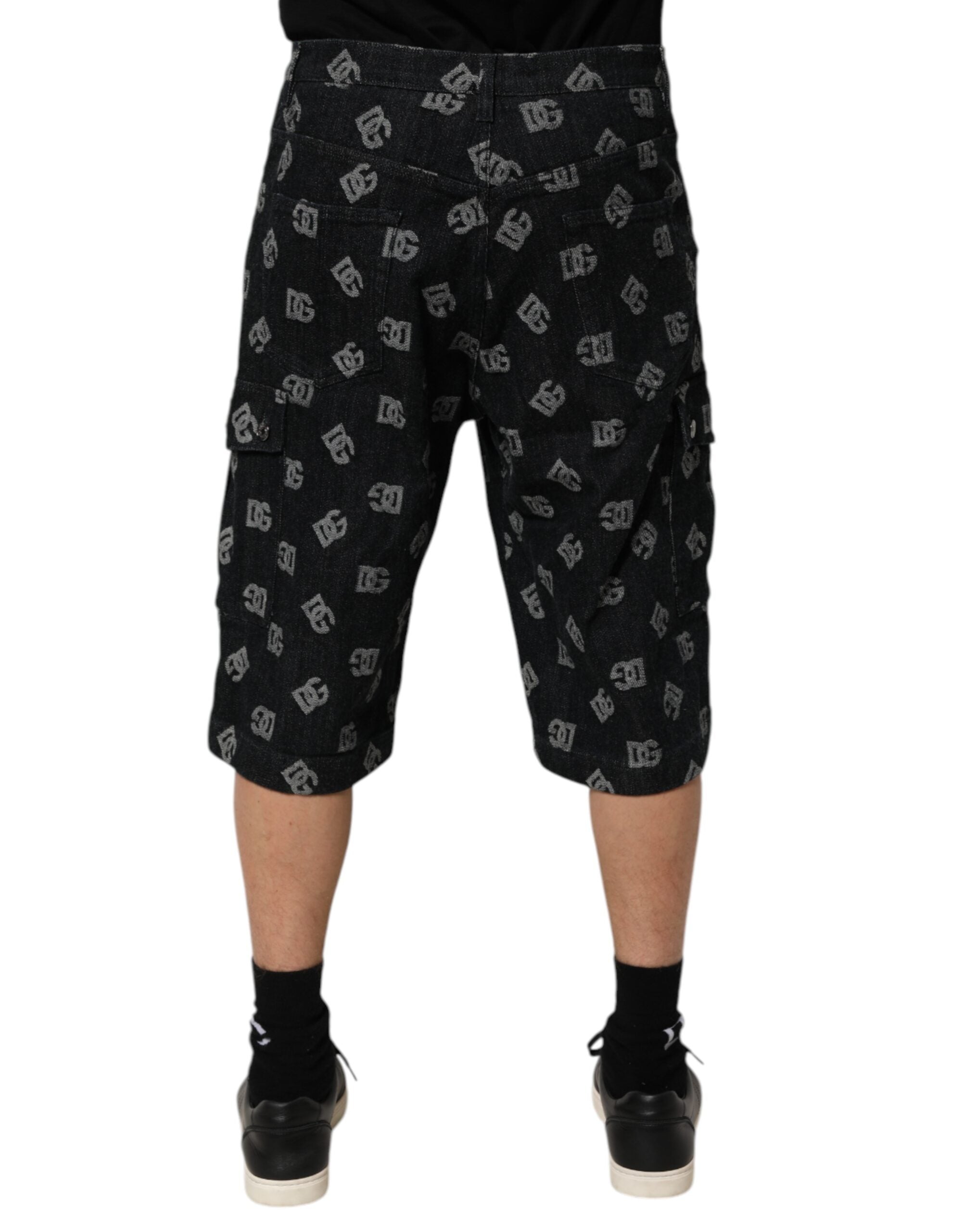 Dolce & Gabbana Black Monogram Denim Cargo Men's Bermuda Shorts-4