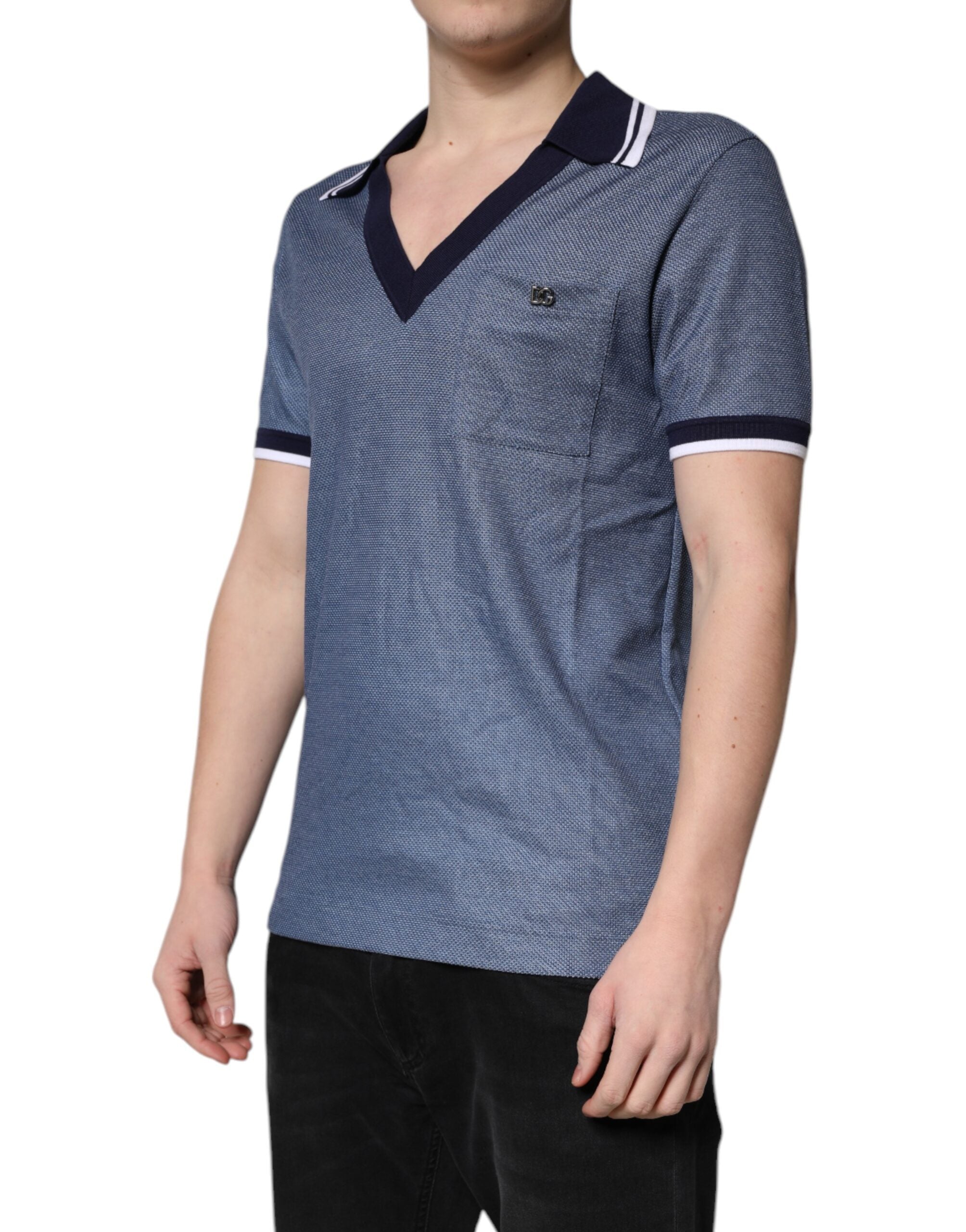 Dolce & Gabbana blue V-neck polo shirt in a silk blend-3