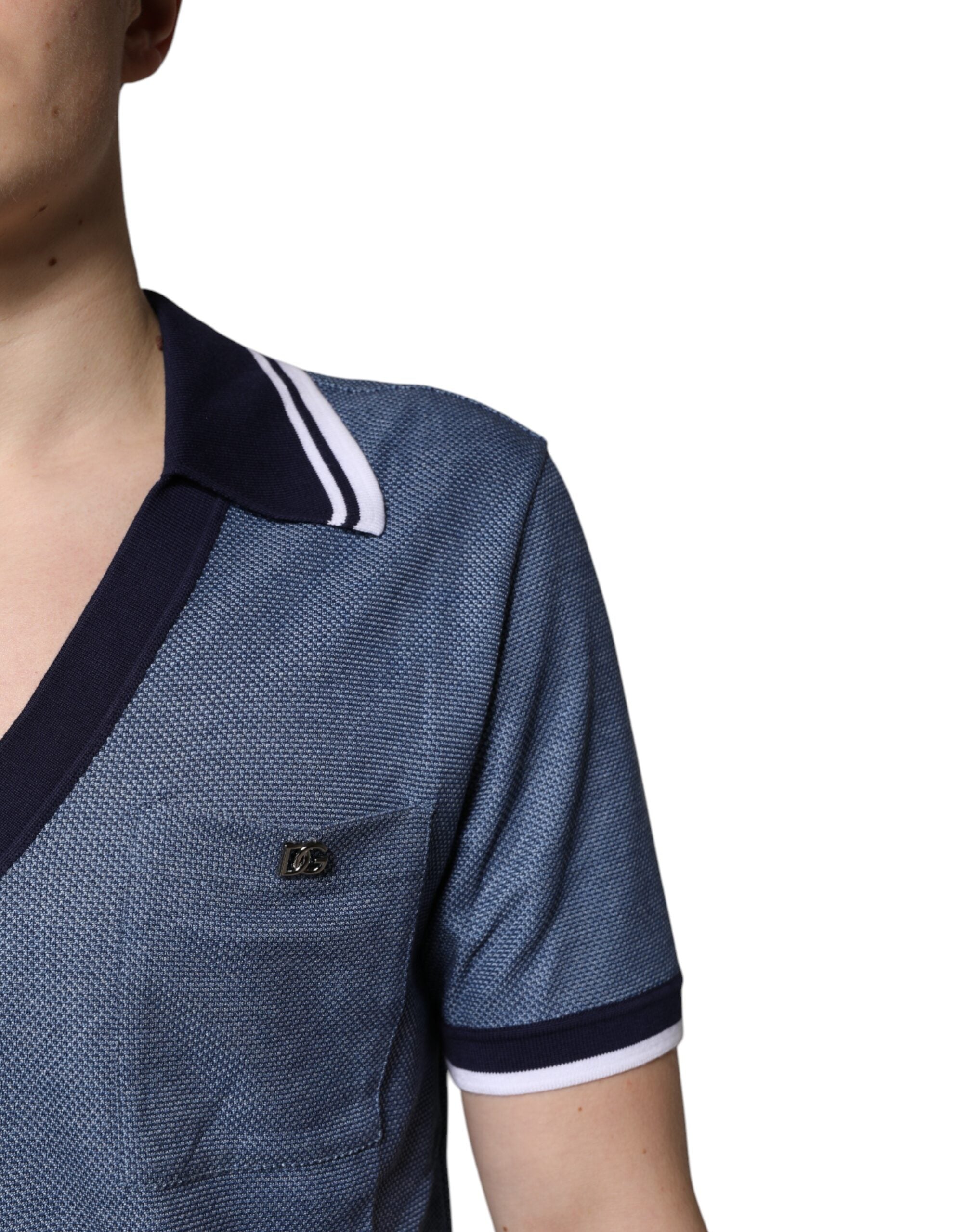 Dolce & Gabbana blue V-neck polo shirt in a silk blend-5