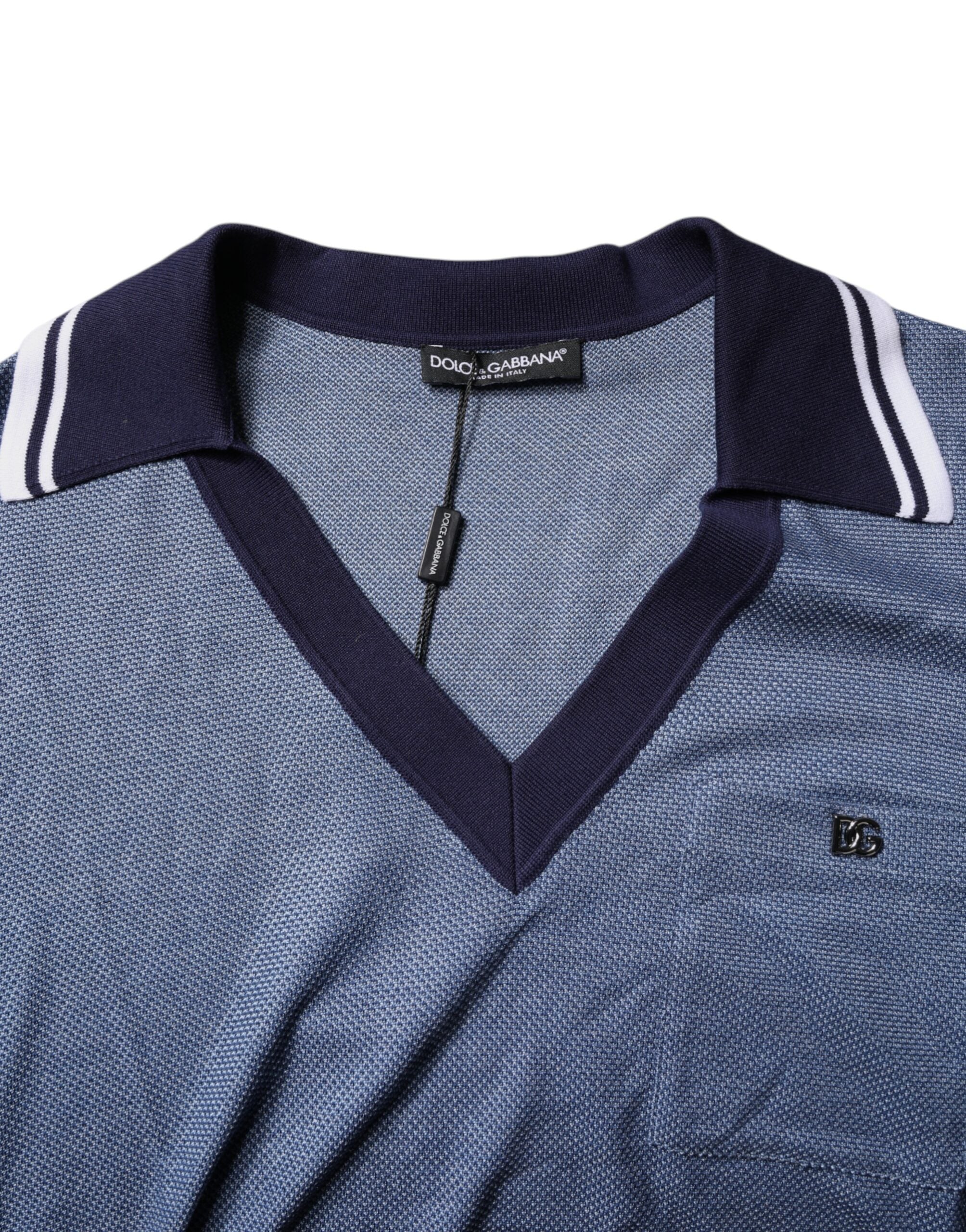 Dolce & Gabbana blue V-neck polo shirt in a silk blend-6