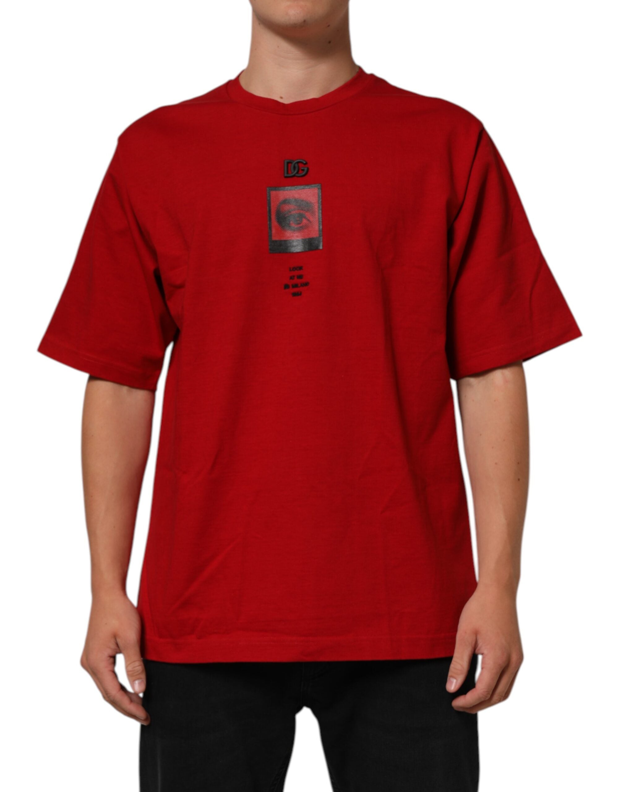 Camiseta de manga corta de algodón con estampado de ojos y logotipo rojo de Dolce & Gabbana-1