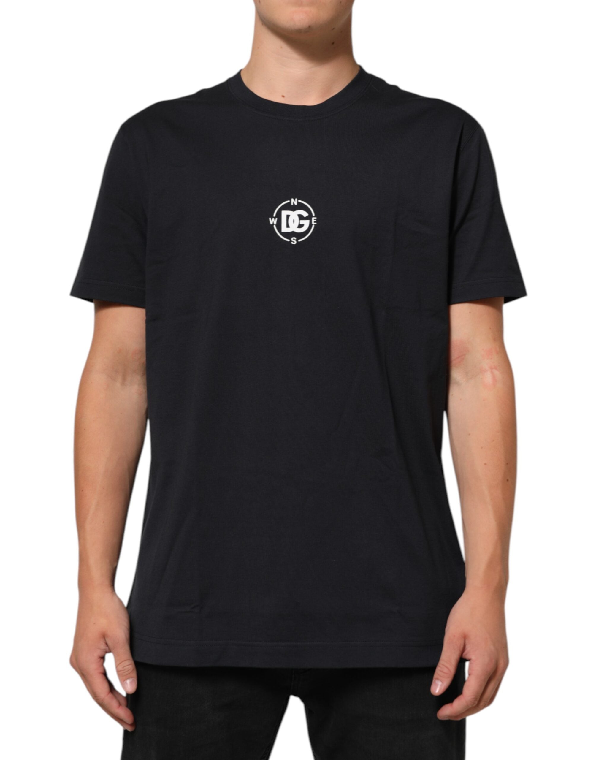 Dolce & Gabbana Black Logo Compass Cotton T-Shirt with Crew Neck-1
