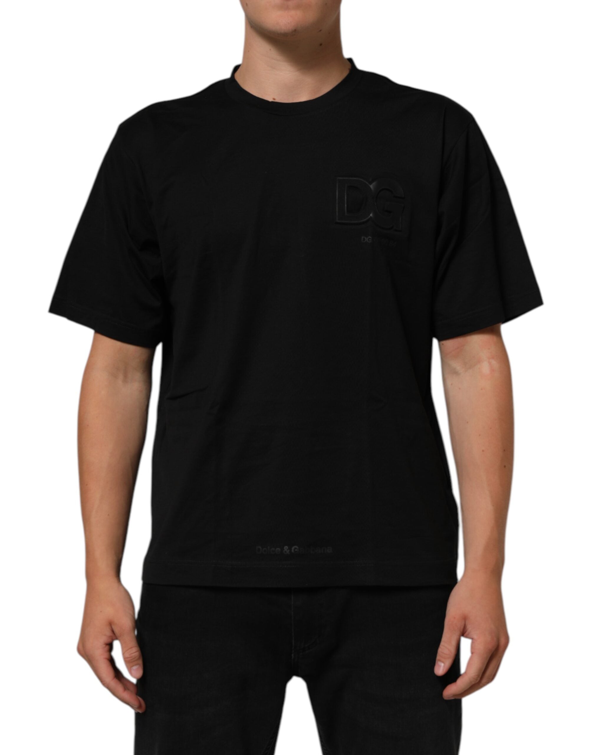 Dolce & Gabbana Black Logo Patch Cotton Men's T-Shirt with Crew Neck-2