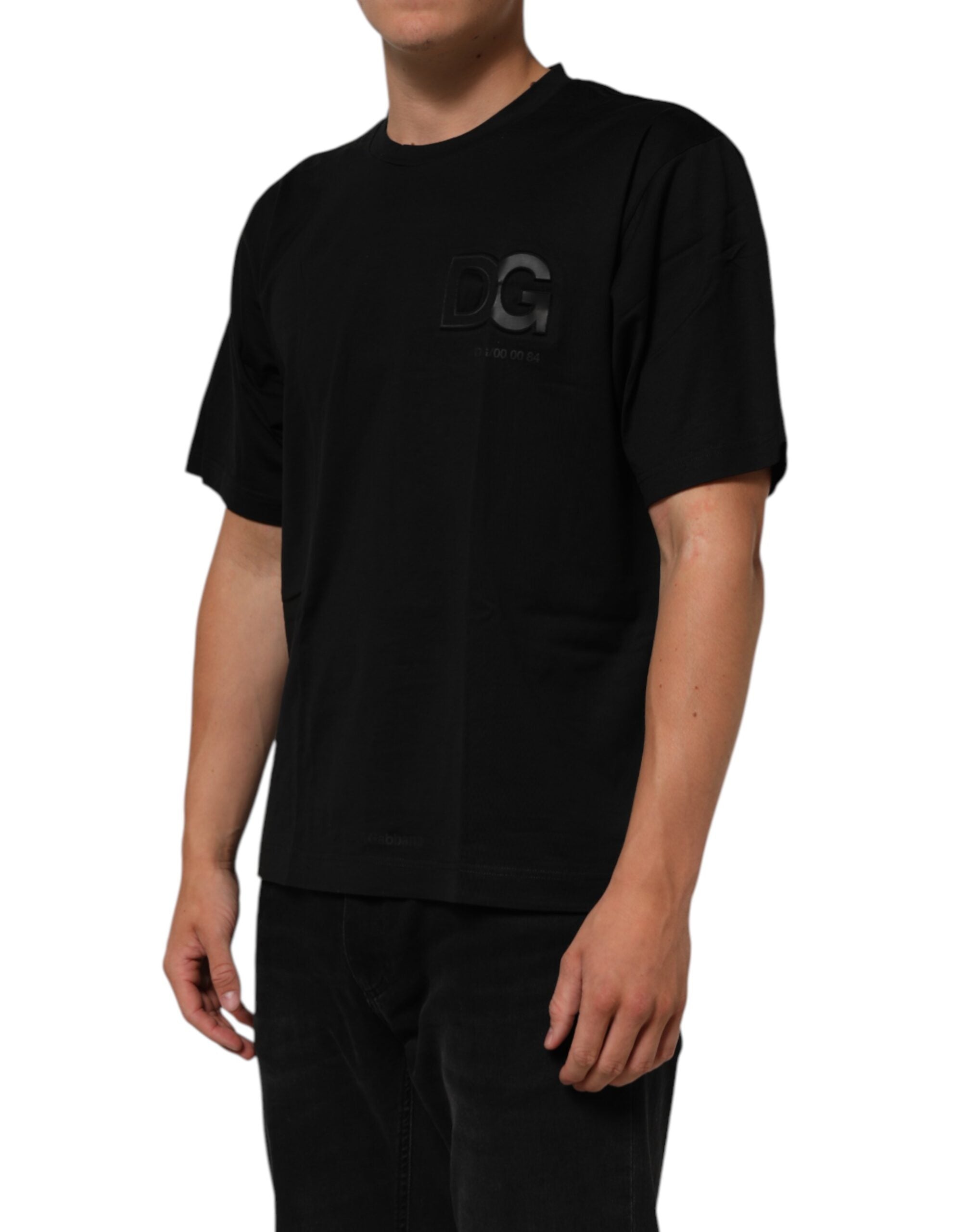 Dolce & Gabbana Black Logo Patch Cotton Men's T-Shirt with Crew Neck-3