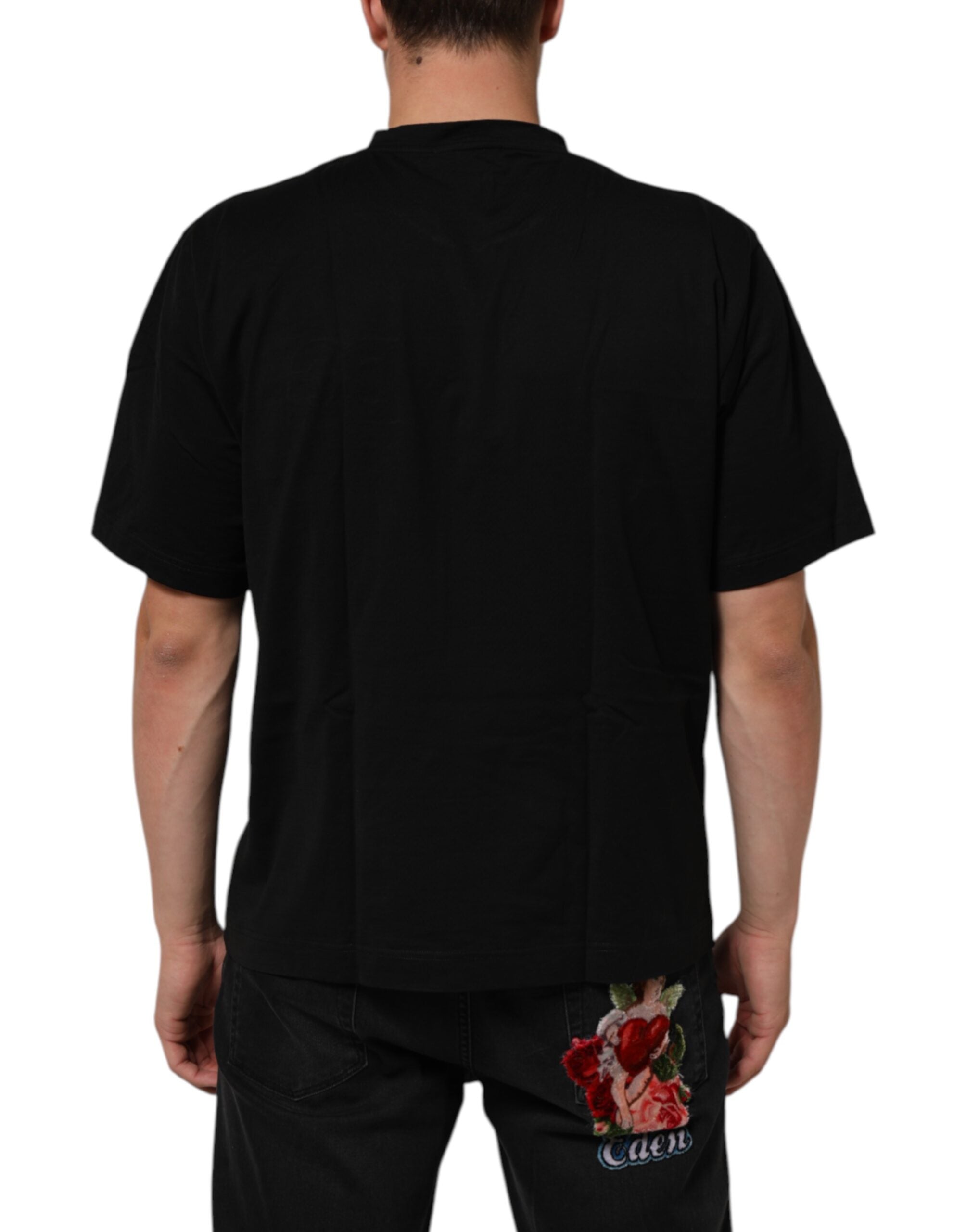 Dolce & Gabbana Black Logo Patch Cotton Men's T-Shirt with Crew Neck-4