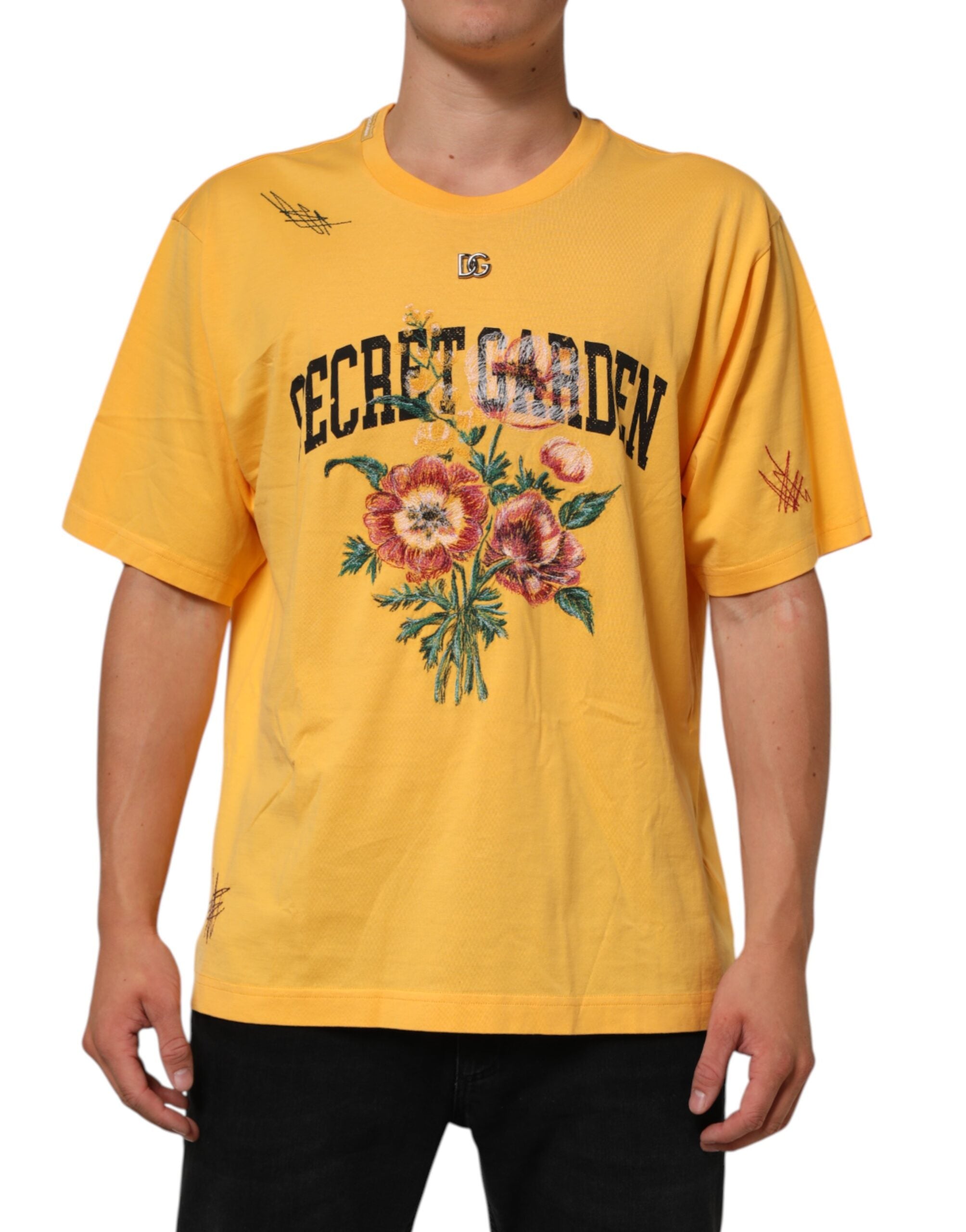 Camiseta de algodón con cuello redondo y estampado floral Secret Garden de Dolce & Gabbana en amarillo-1