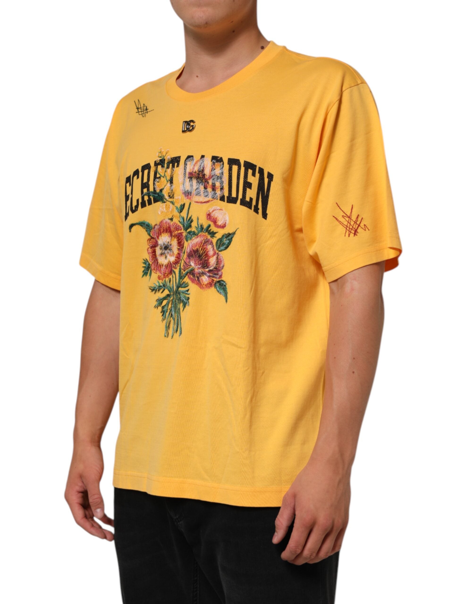 Camiseta de algodón con cuello redondo y estampado floral Secret Garden de Dolce & Gabbana en amarillo-3