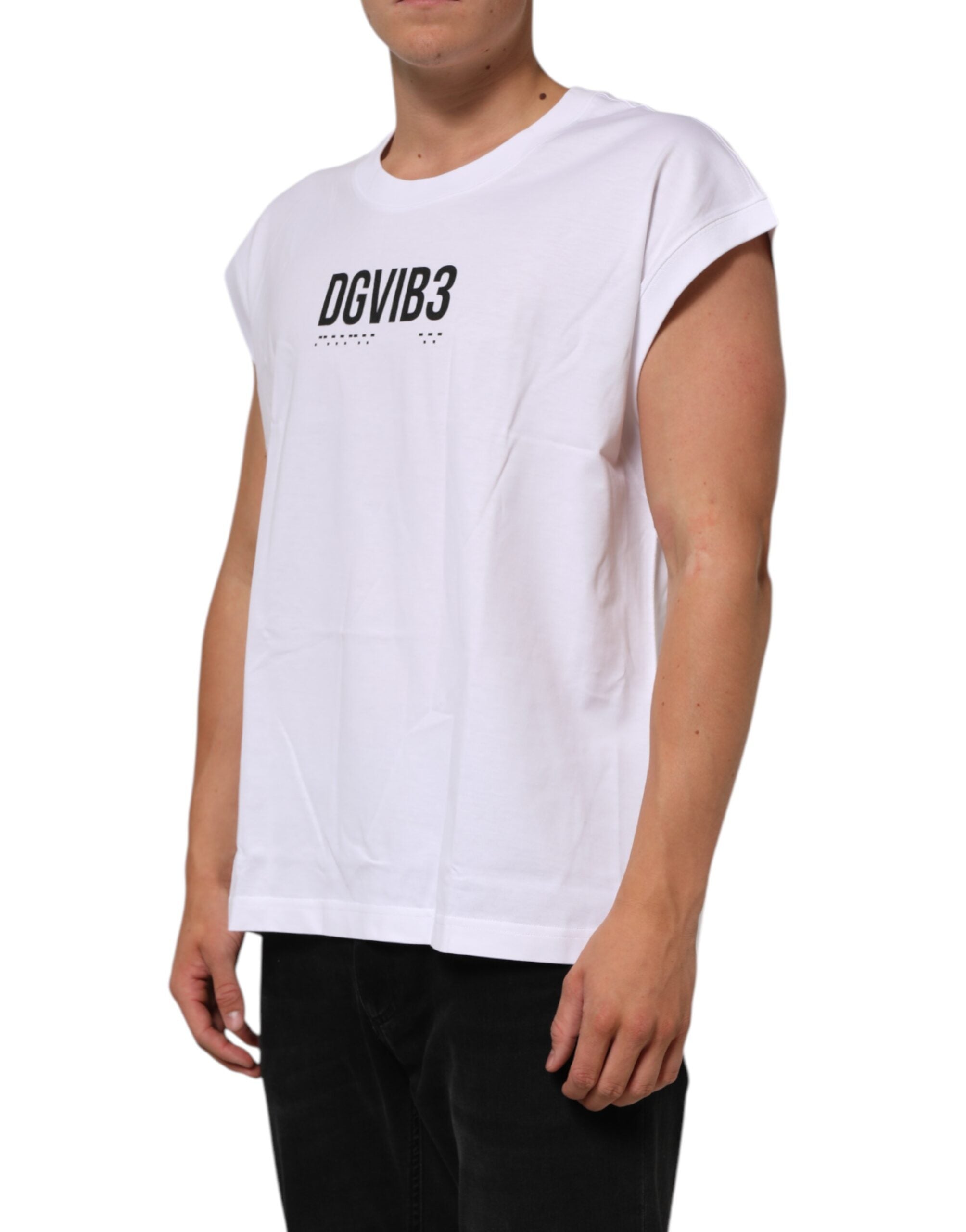 Dolce & Gabbana Weißes ärmelloses bedrucktes Tank-T-Shirt aus Baumwolle-3